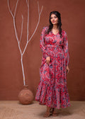 Juniper Floral Red Printed Dress With Sheer Sleeves & Beaded Waist Detailing