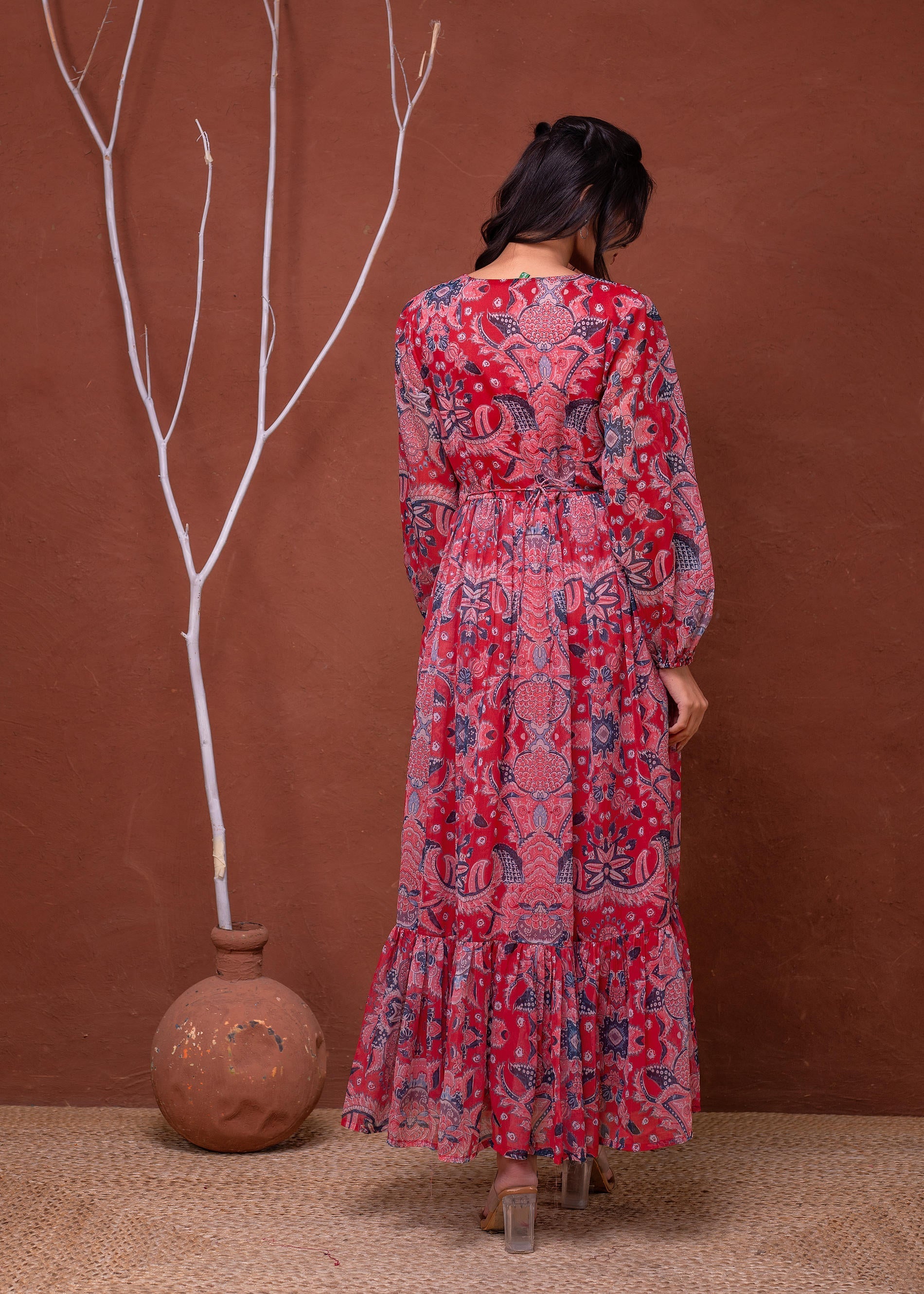 Juniper Floral Red Printed Dress With Sheer Sleeves & Beaded Waist Detailing