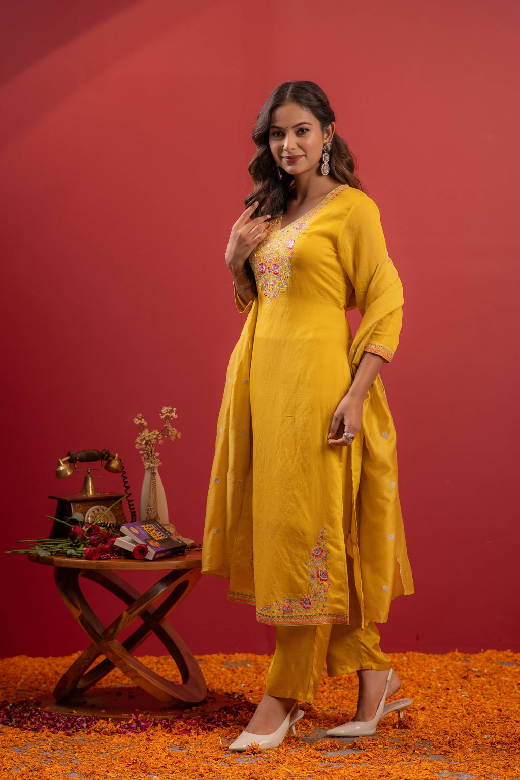 Juniper Mustard Viscose Kurta With Pants & Dupatta Set With Thread & Zari Work