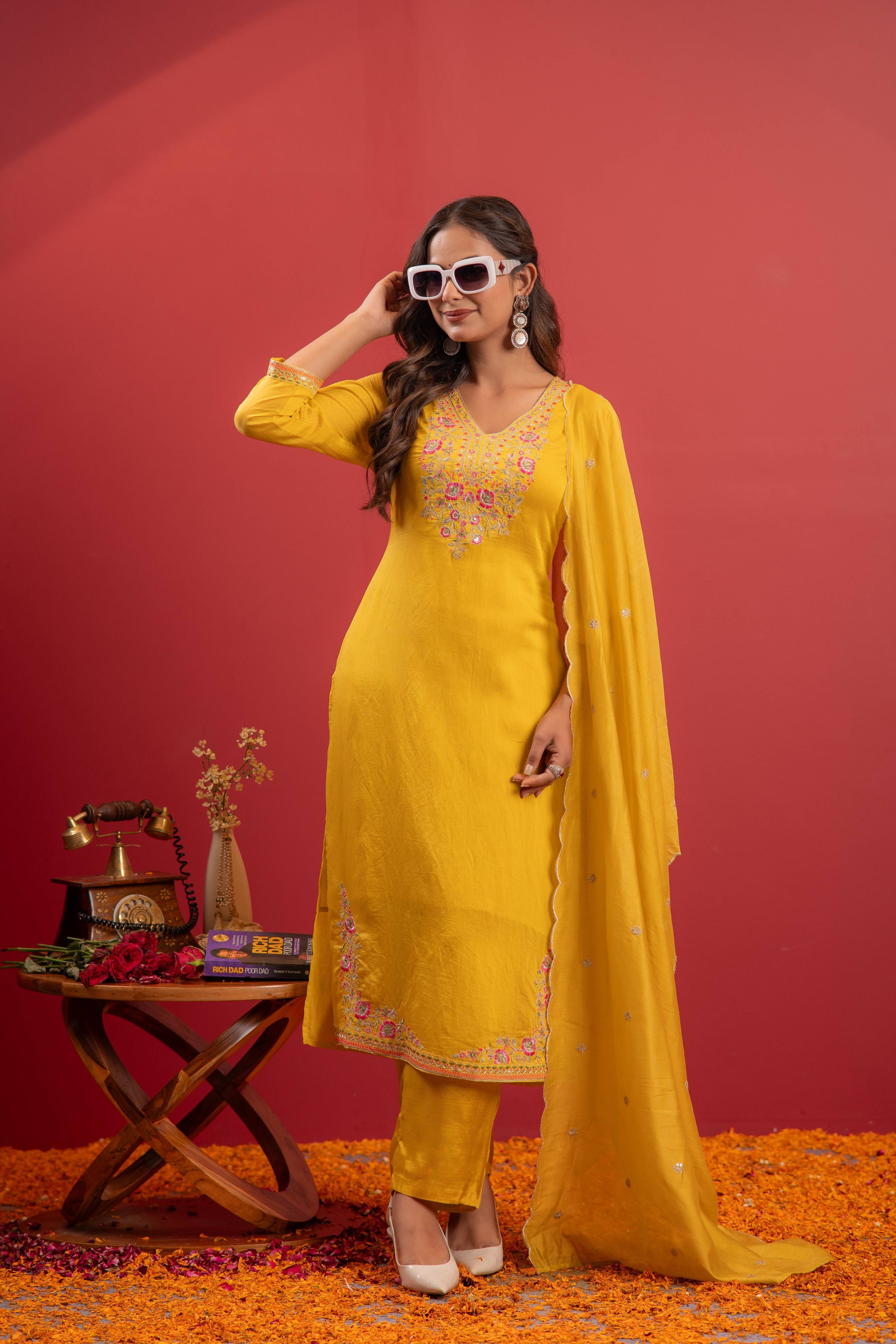 Juniper Mustard Viscose Kurta With Pants & Dupatta Set With Thread & Zari Work