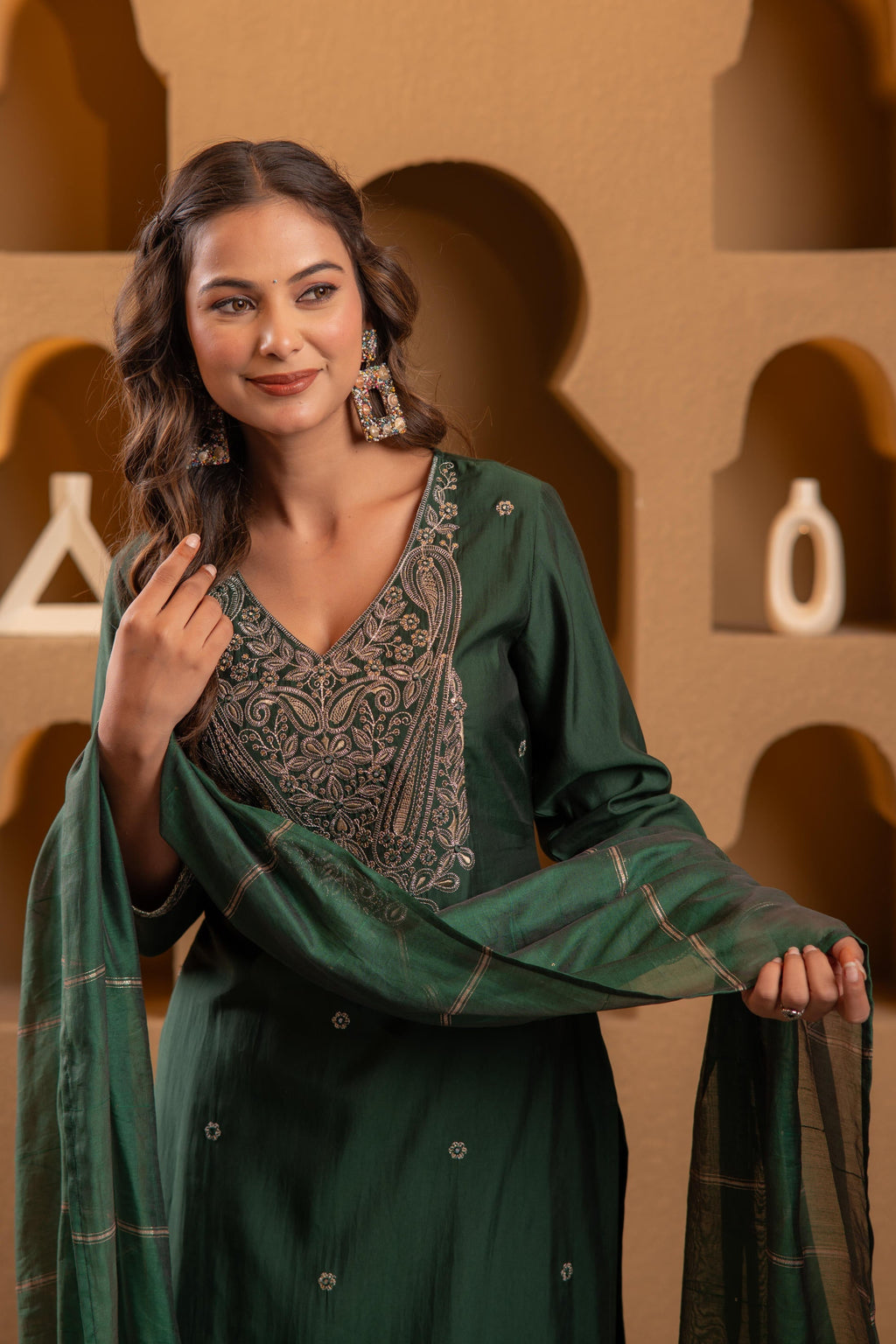 Juniper Bottle Green Viscose Straight Kurta With Pants & Dupatta Set With Zari & Sequence Work