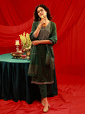 Juniper Bottle Green Viscose Straight Kurta With Pants & Dupatta Set With Zari & Sequence Work