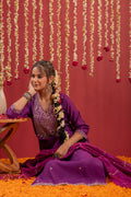 Juniper Purple Embroidered Straight Kurta With Pant & Striped Dupatta