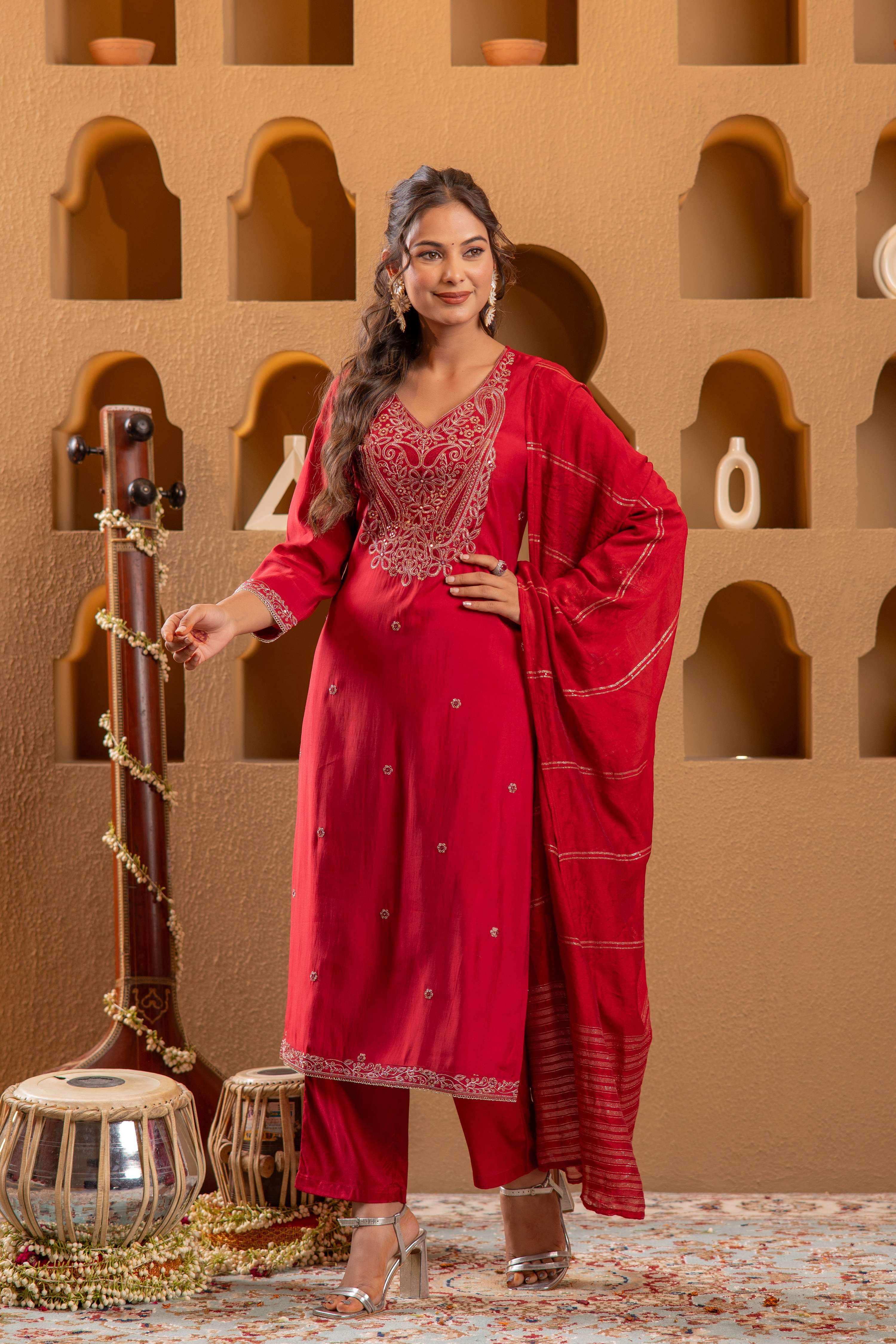 Juniper Red Embroidered Straight Kurta With Pant & Striped Dupatta