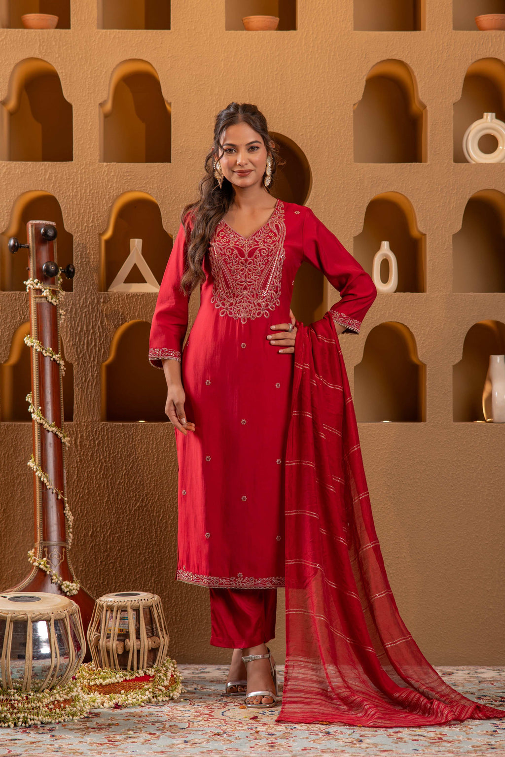 Juniper Red Embroidered Straight Kurta With Pant & Striped Dupatta