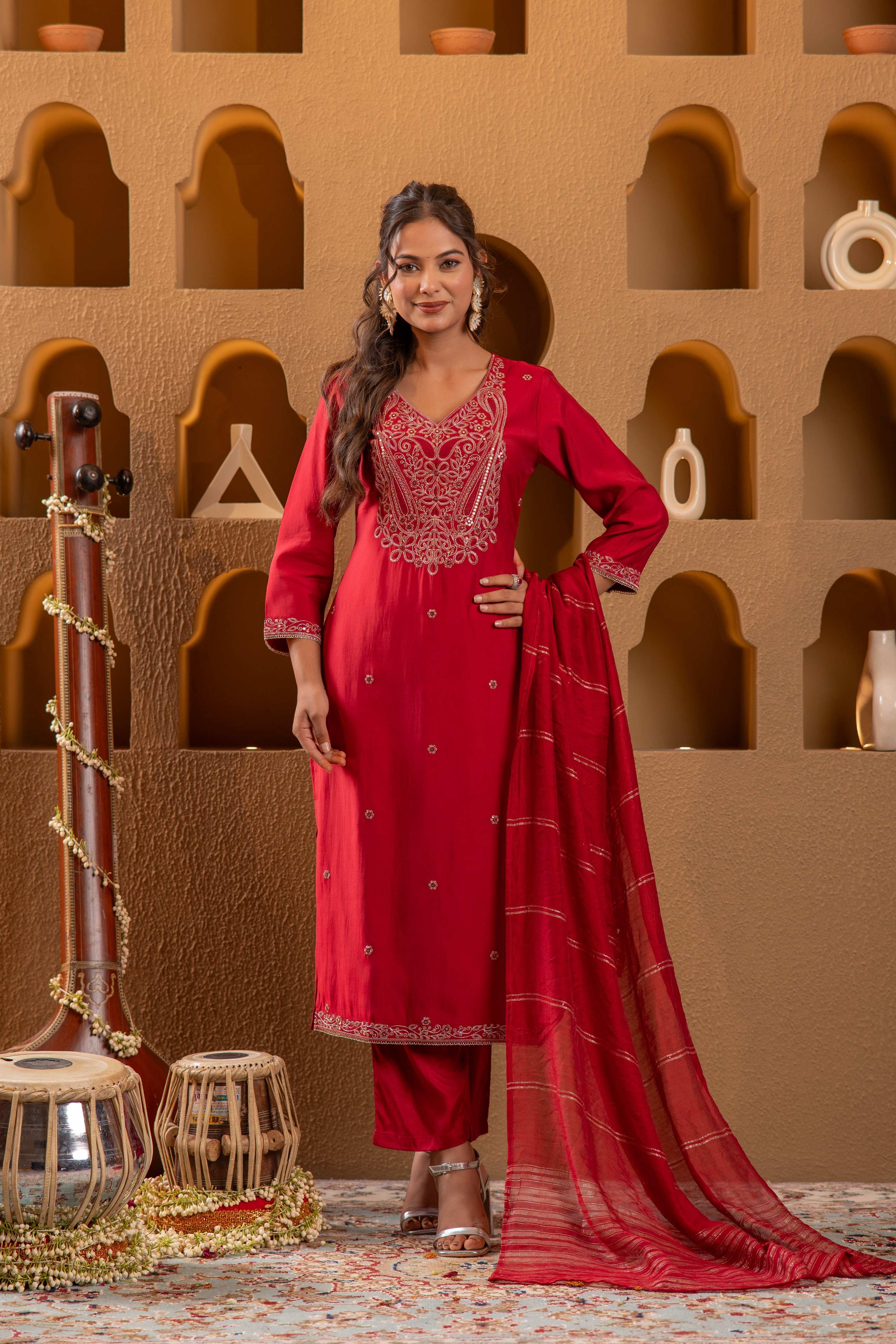 Juniper Red Embroidered Straight Kurta With Pant & Striped Dupatta