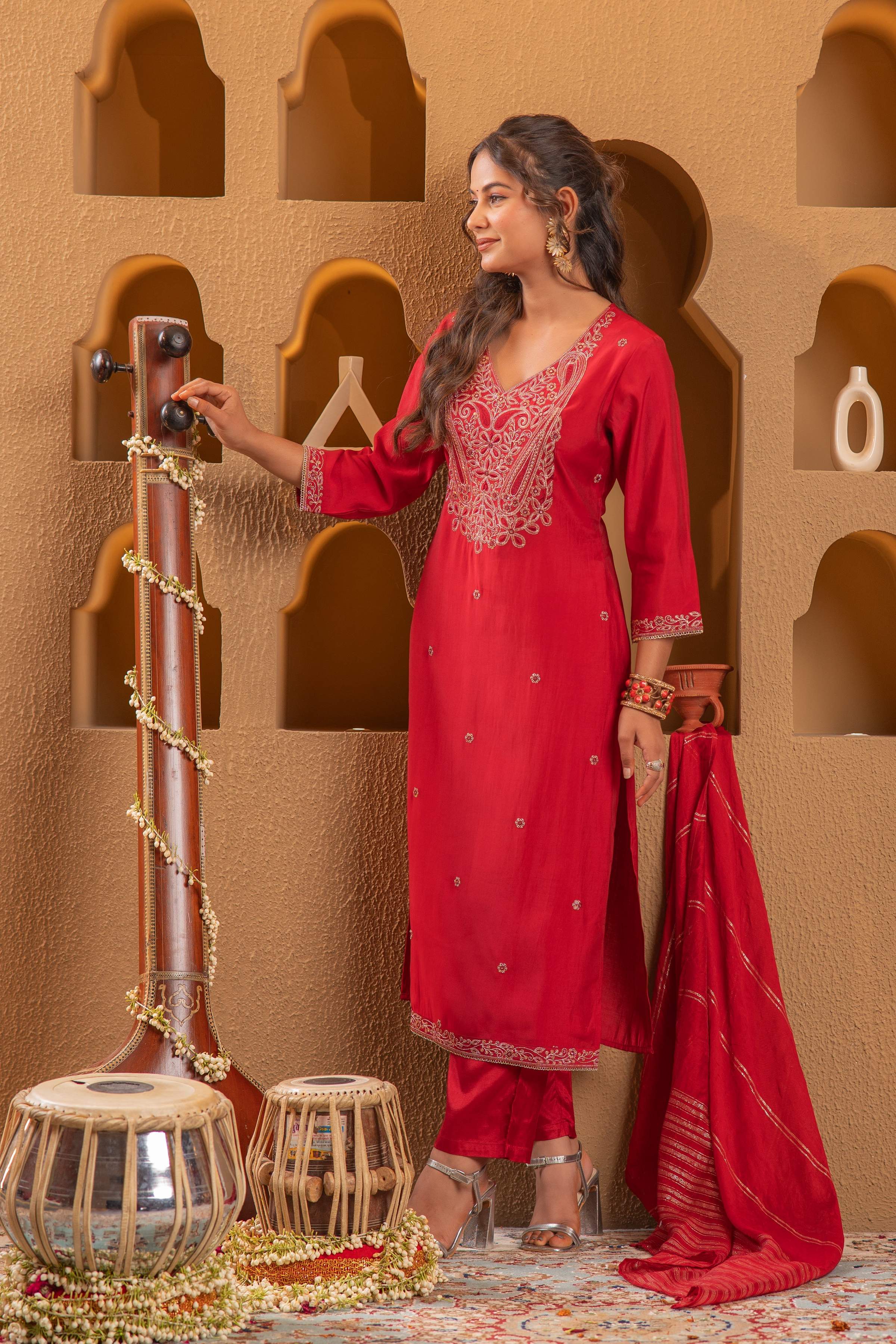 Juniper Red Embroidered Straight Kurta With Pant & Striped Dupatta