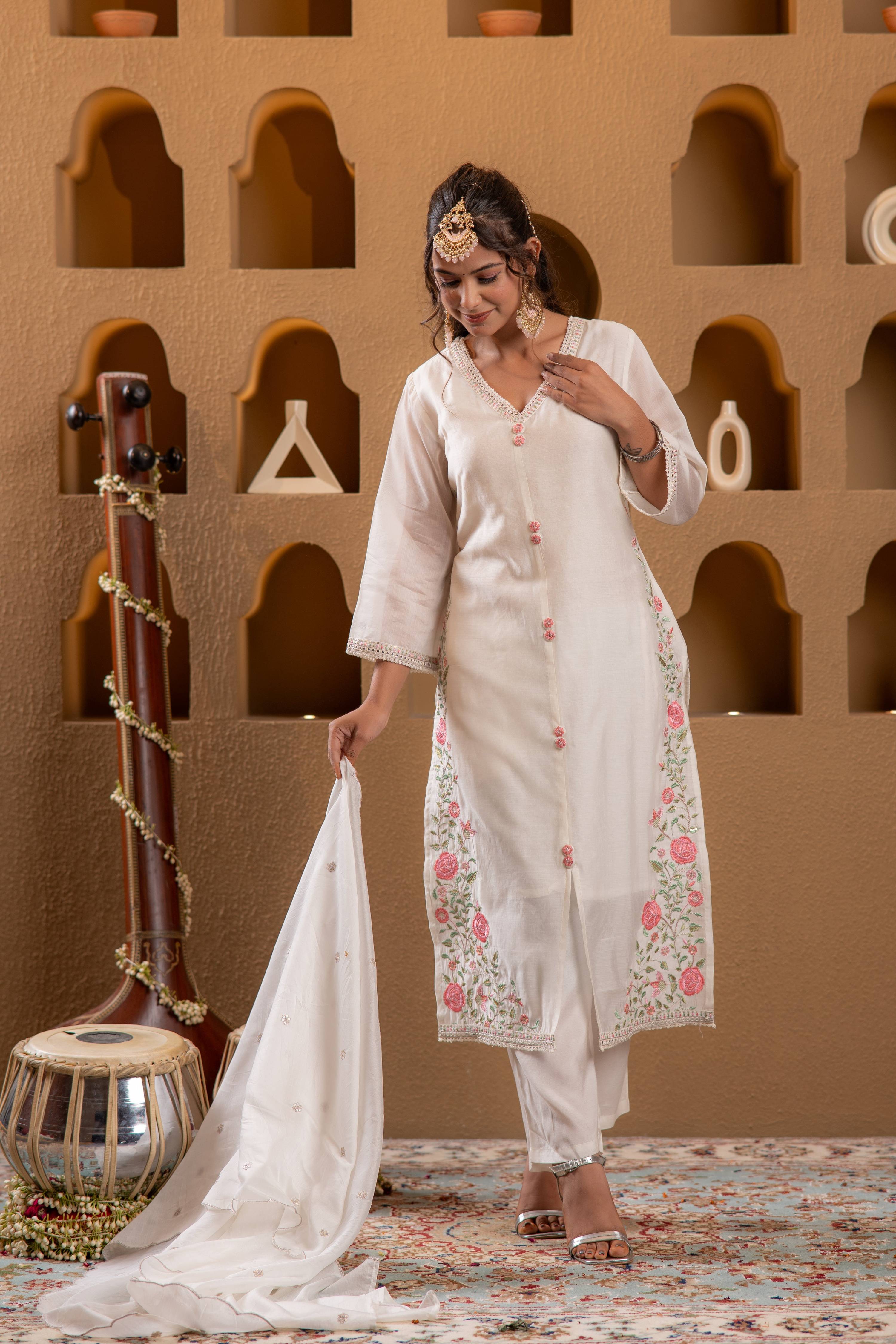 Juniper Ivory Viscose Kurta With Pants & Dupatta Set With Mirror & Thread Work