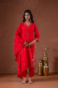 Juniper Red Anarkali Kurta Set With Embroidery And Scallop Hemline
