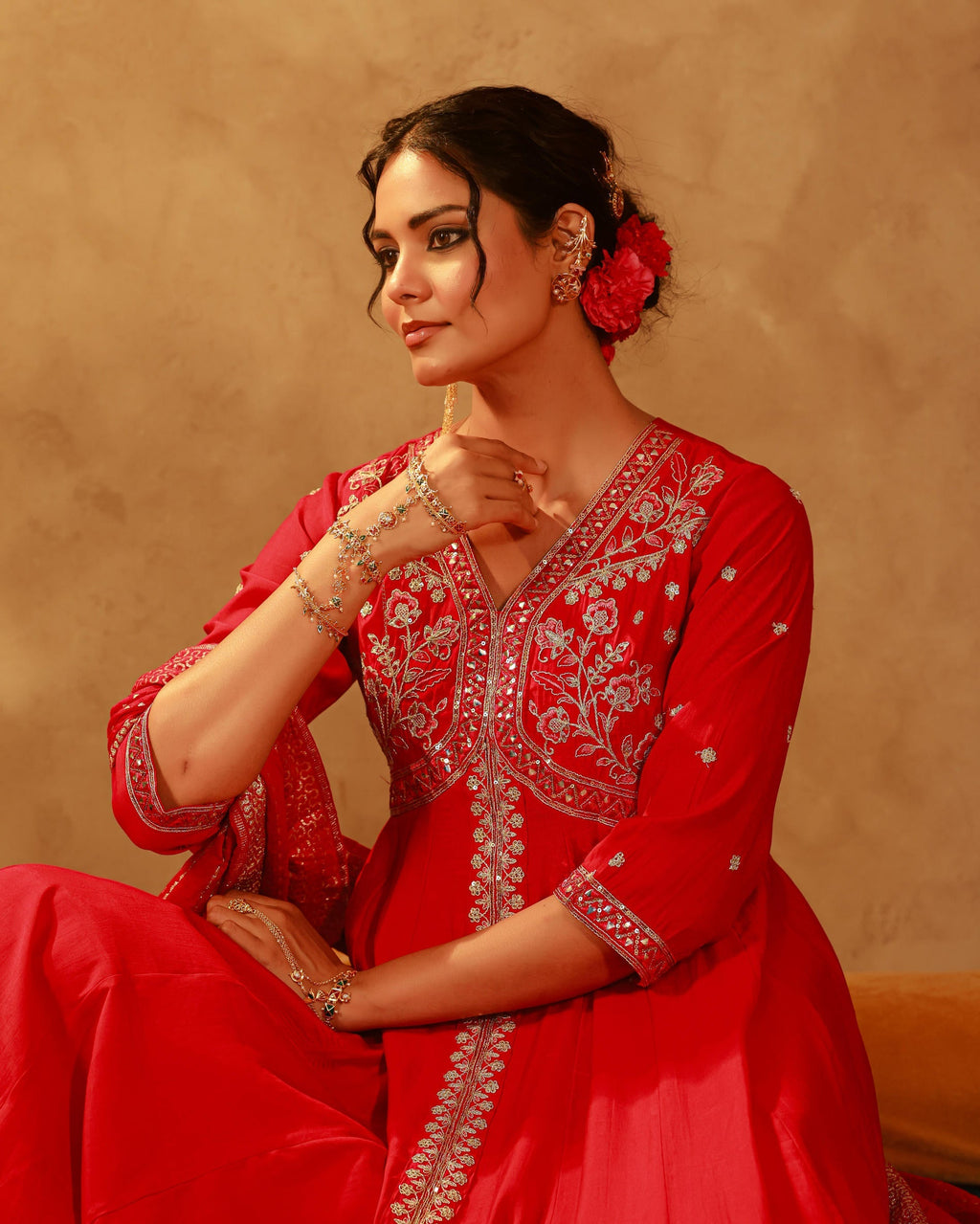 Juniper Magenta Viscose Solid Fit & Flared Kurta With Pants & Dupatta Set With Mirror, Thread, Dori & Sequence Work