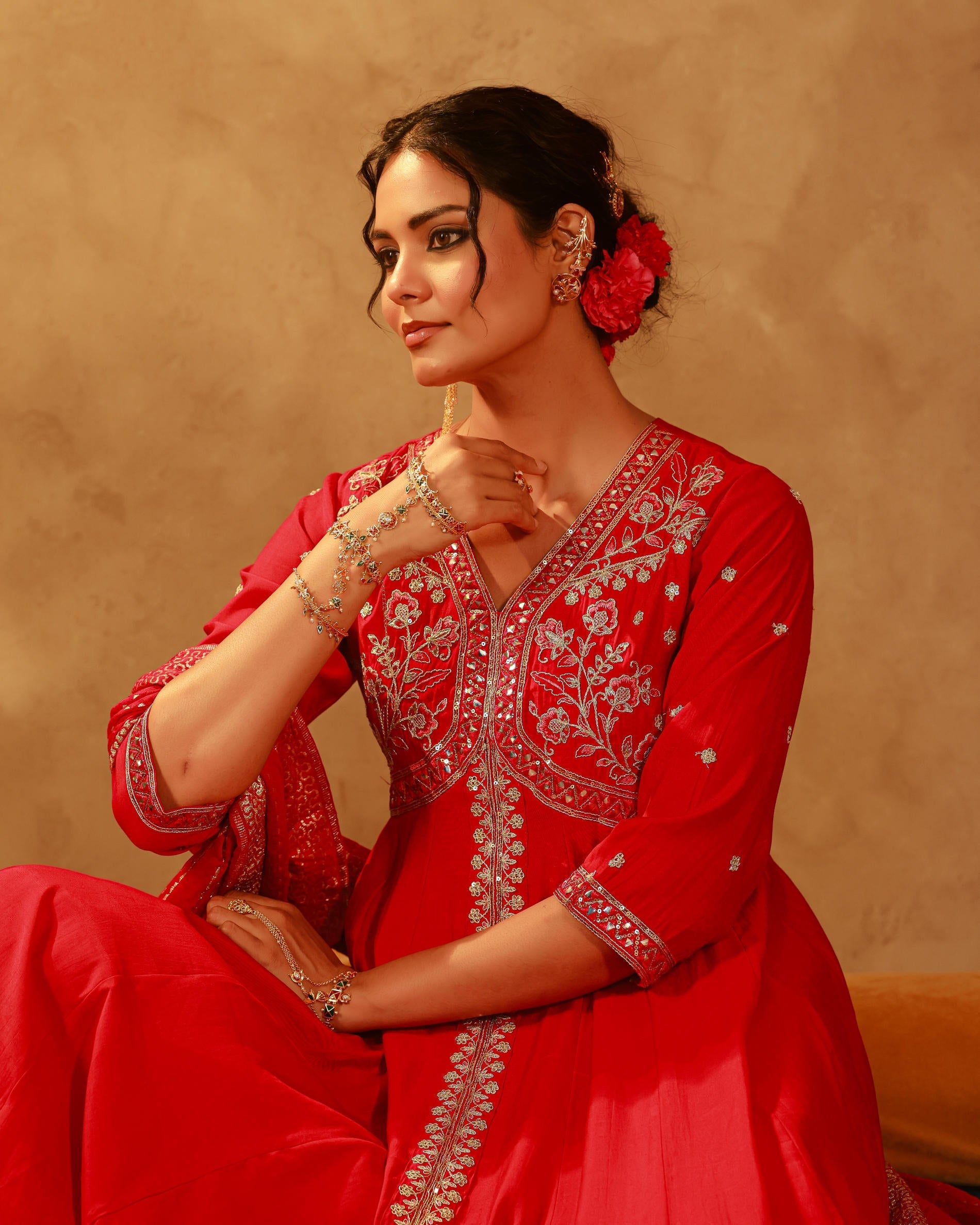 Juniper Magenta Viscose Solid Fit & Flared Kurta With Pants & Dupatta Set With Mirror, Thread, Dori & Sequence Work