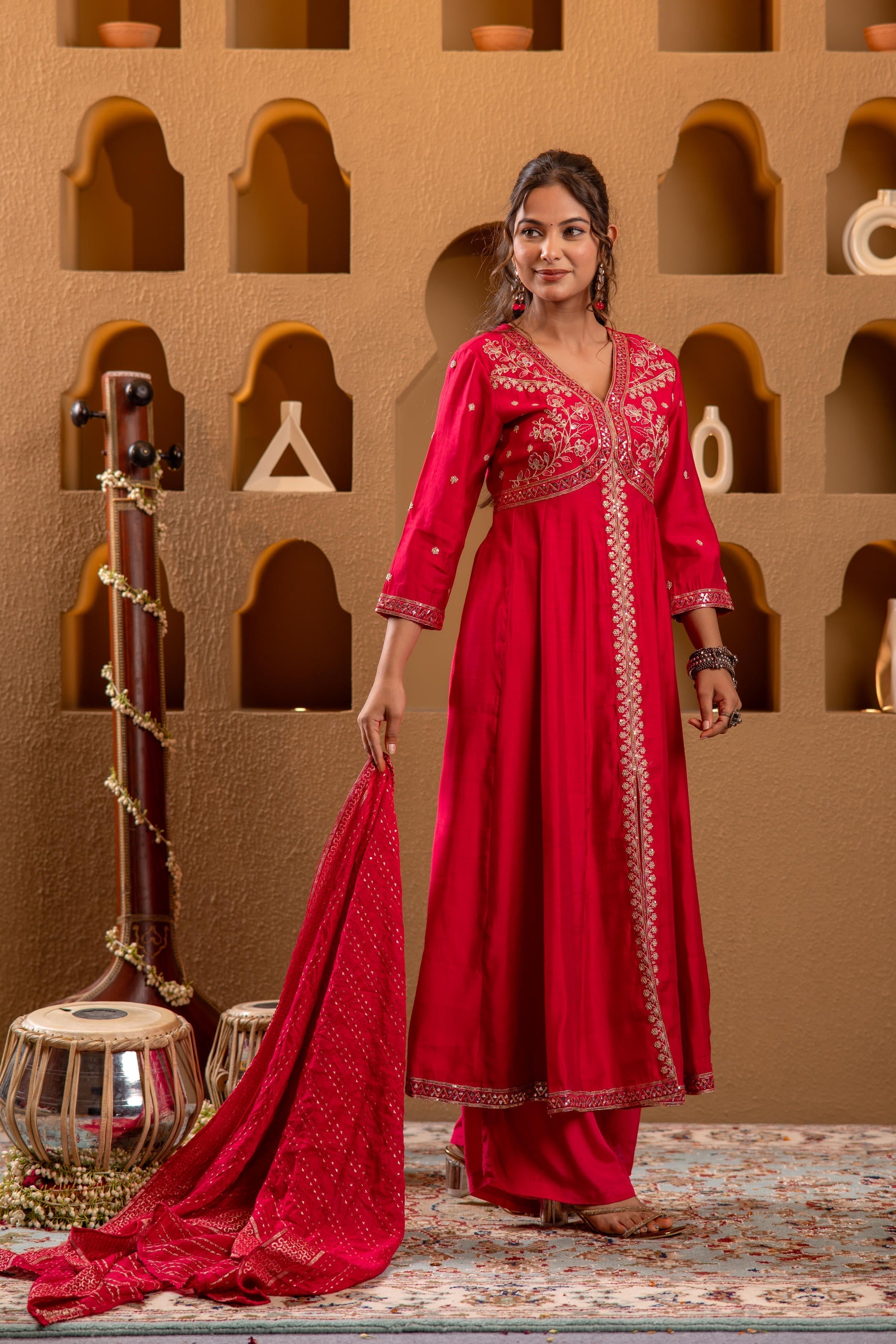 Juniper Magenta Viscose Solid Fit & Flared Kurta With Pants & Dupatta Set With Mirror, Thread, Dori & Sequence Work