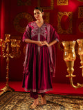 Juniper Wine Viscose Solid Fit & Flared Kurta With Pants & Dupatta Set With Mirror, Thread, Dori & Sequence Work