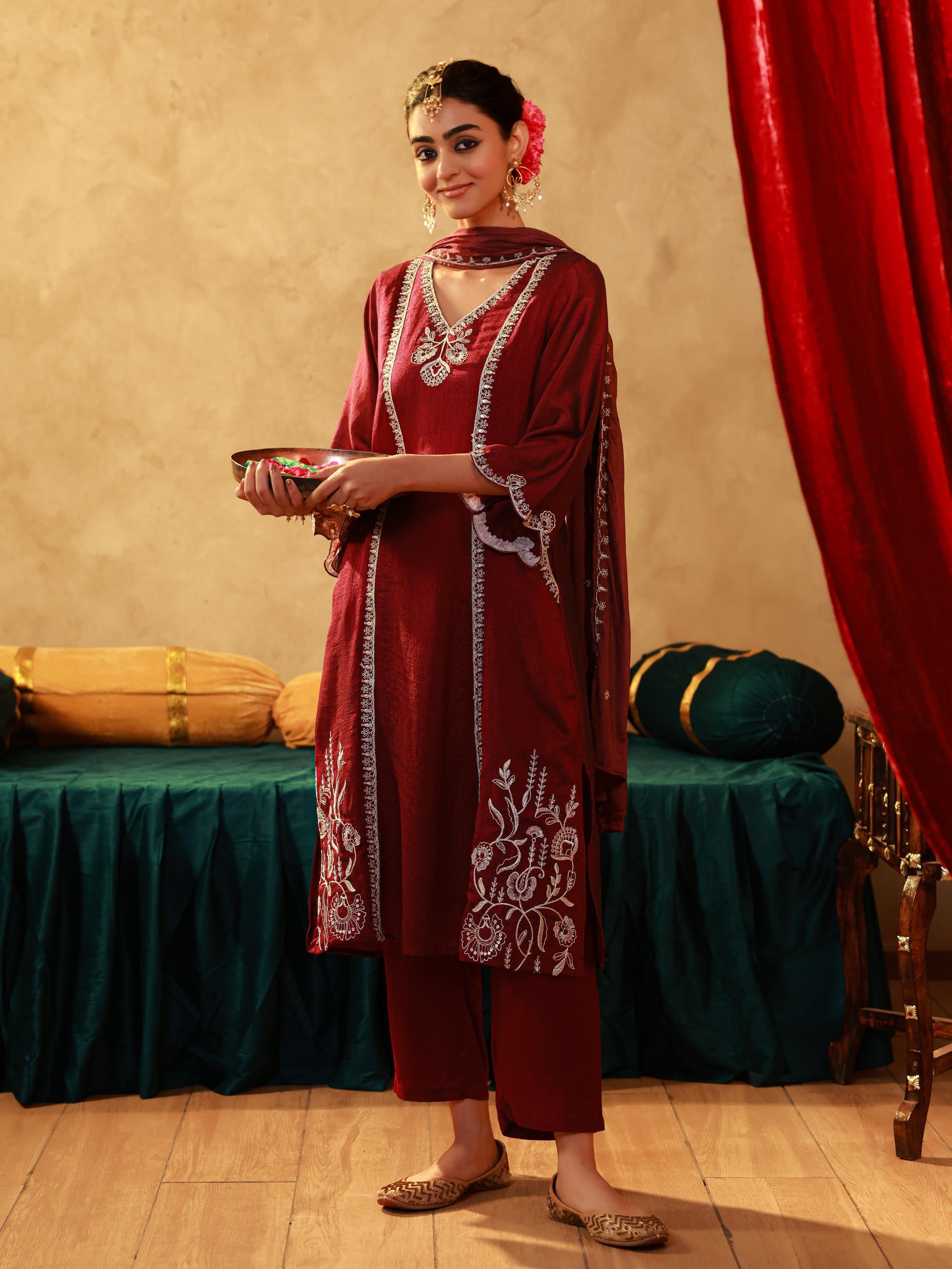 Juniper Red Man Made Fiber Straight Kurta Pant And Dupatta Set With Mirror, Thread, Dori & Sequin Work
