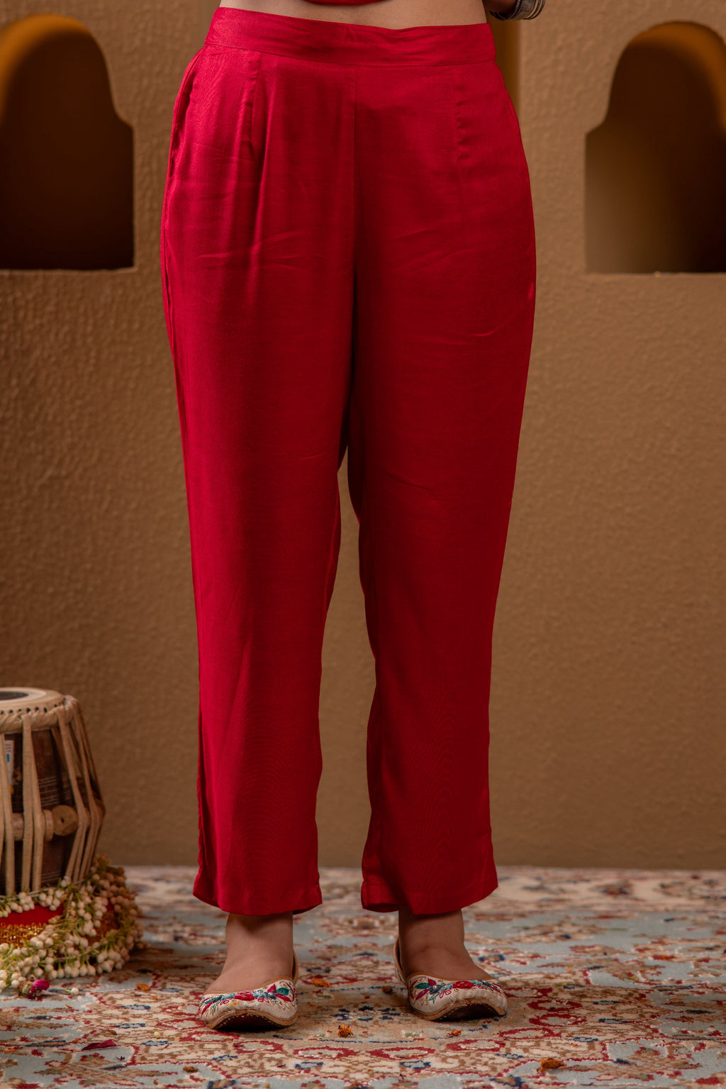 Juniper Red Man Made Fiber Straight Kurta Pant And Dupatta Set With Mirror, Thread, Dori & Sequin Work