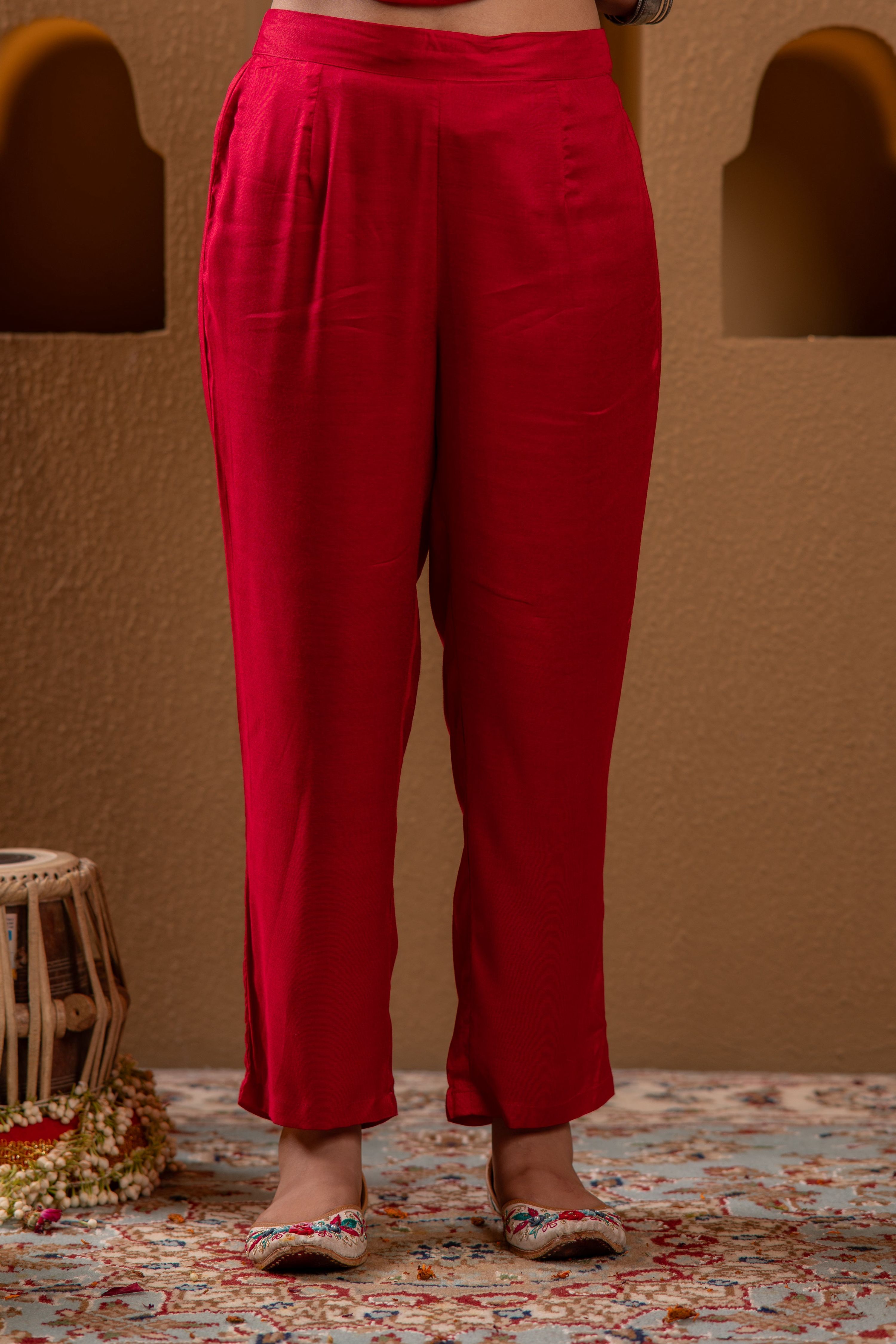 Juniper Red Man Made Fiber Straight Kurta Pant And Dupatta Set With Mirror, Thread, Dori & Sequin Work