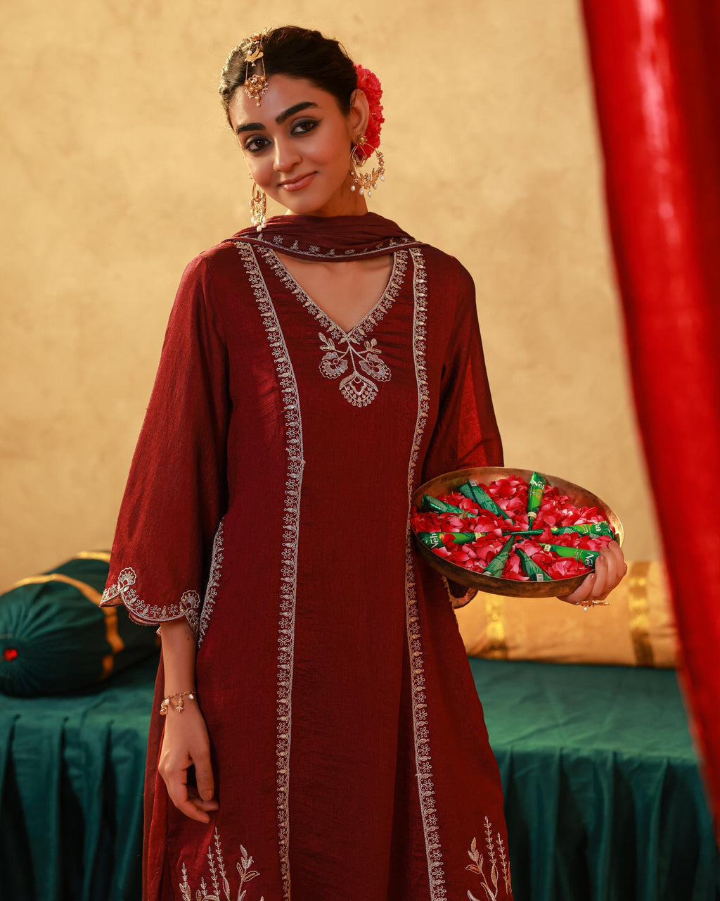 Juniper Red Man Made Fiber Straight Kurta Pant And Dupatta Set With Mirror, Thread, Dori & Sequin Work