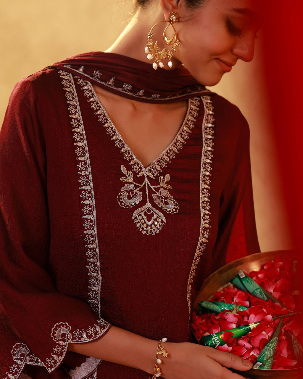 Juniper Red Man Made Fiber Straight Kurta Pant And Dupatta Set With Mirror, Thread, Dori & Sequin Work