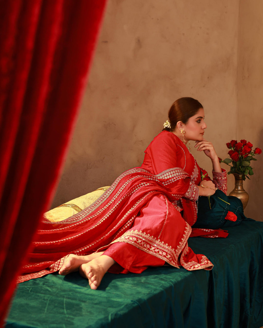 Juniper Red Viscose Solid A-Line Kurta With Pants & Dupatta Set With Zari, Sequence & Dori Work
