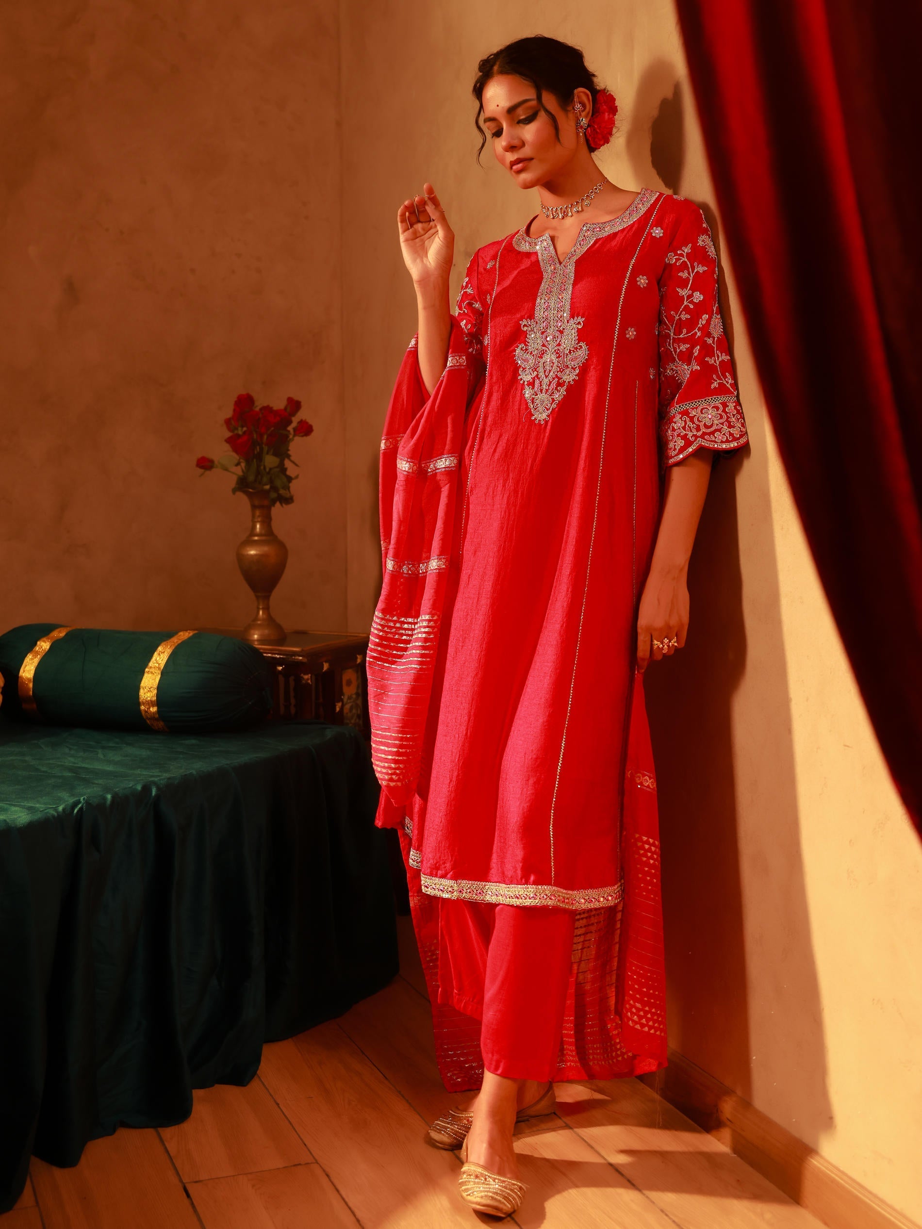 Juniper Magenta Man Made Fiber Flared Kurta Pant And Dupatta Set With Zari, Mirror, Thread & Sequin Work