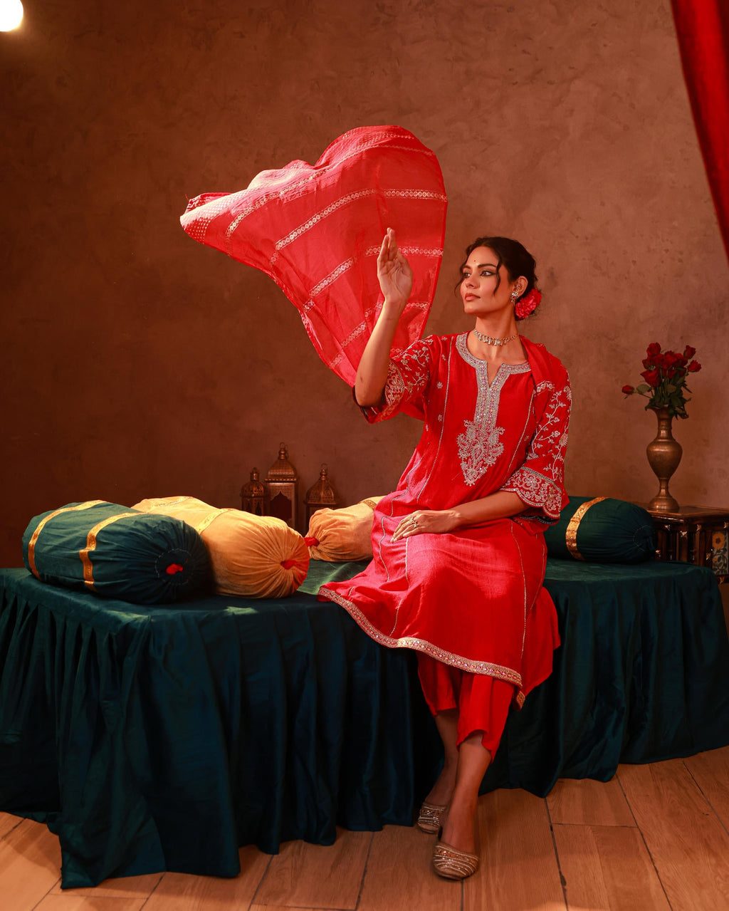 Juniper Magenta Man Made Fiber Flared Kurta Pant And Dupatta Set With Zari, Mirror, Thread & Sequin Work