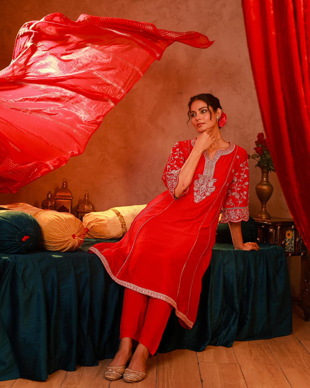 Juniper Magenta Man Made Fiber Flared Kurta Pant And Dupatta Set With Zari, Mirror, Thread & Sequin Work