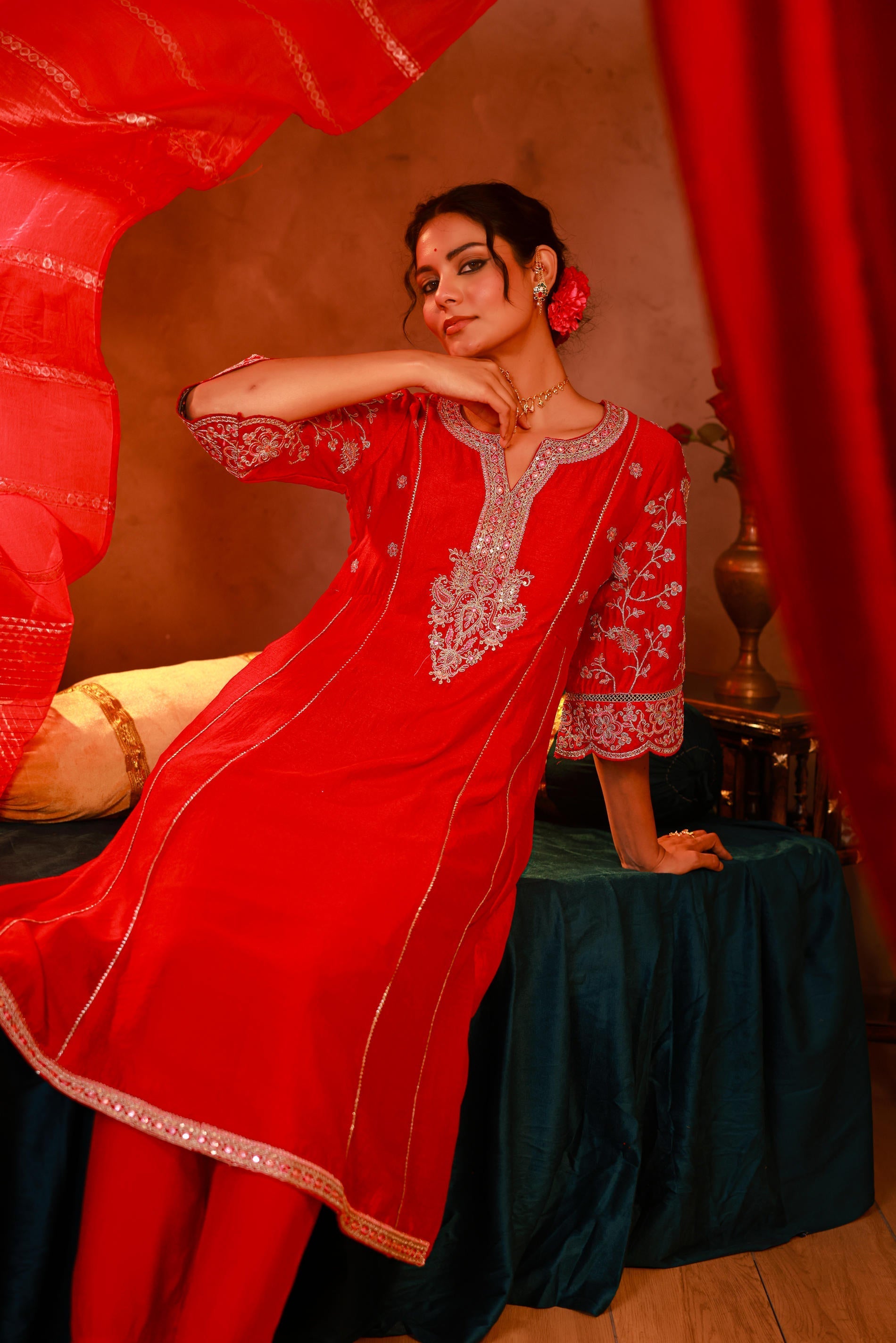 Juniper Magenta Man Made Fiber Flared Kurta Pant And Dupatta Set With Zari, Mirror, Thread & Sequin Work