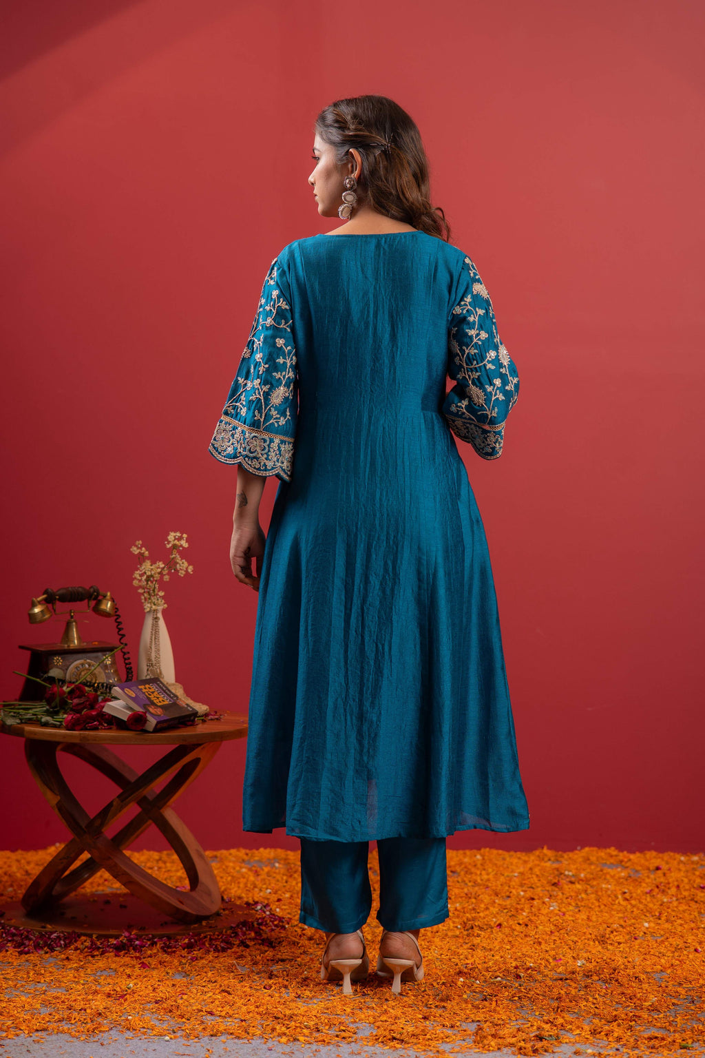 Juniper Turquoise Man Made Fiber Flared Kurta Pant And Dupatta Set With Zari, Mirror, Thread & Sequin Work