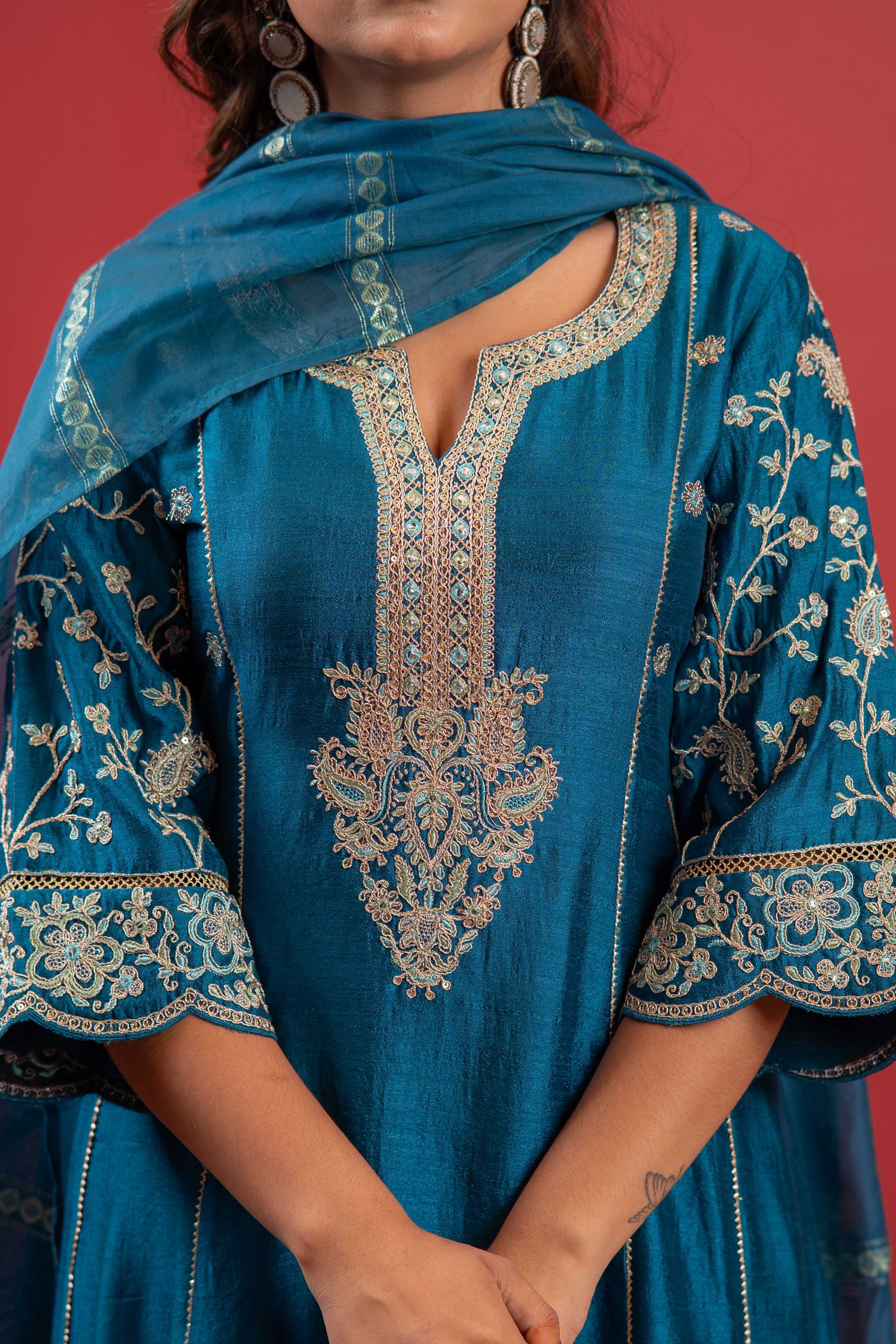 Juniper Turquoise Man Made Fiber Flared Kurta Pant And Dupatta Set With Zari, Mirror, Thread & Sequin Work