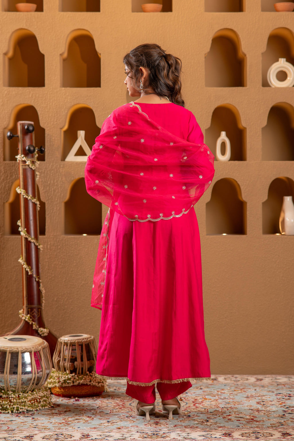 Juniper Fuchsia Viscose Flared Kurta With Pants & Dupatta Set With Zari & Sequence Work