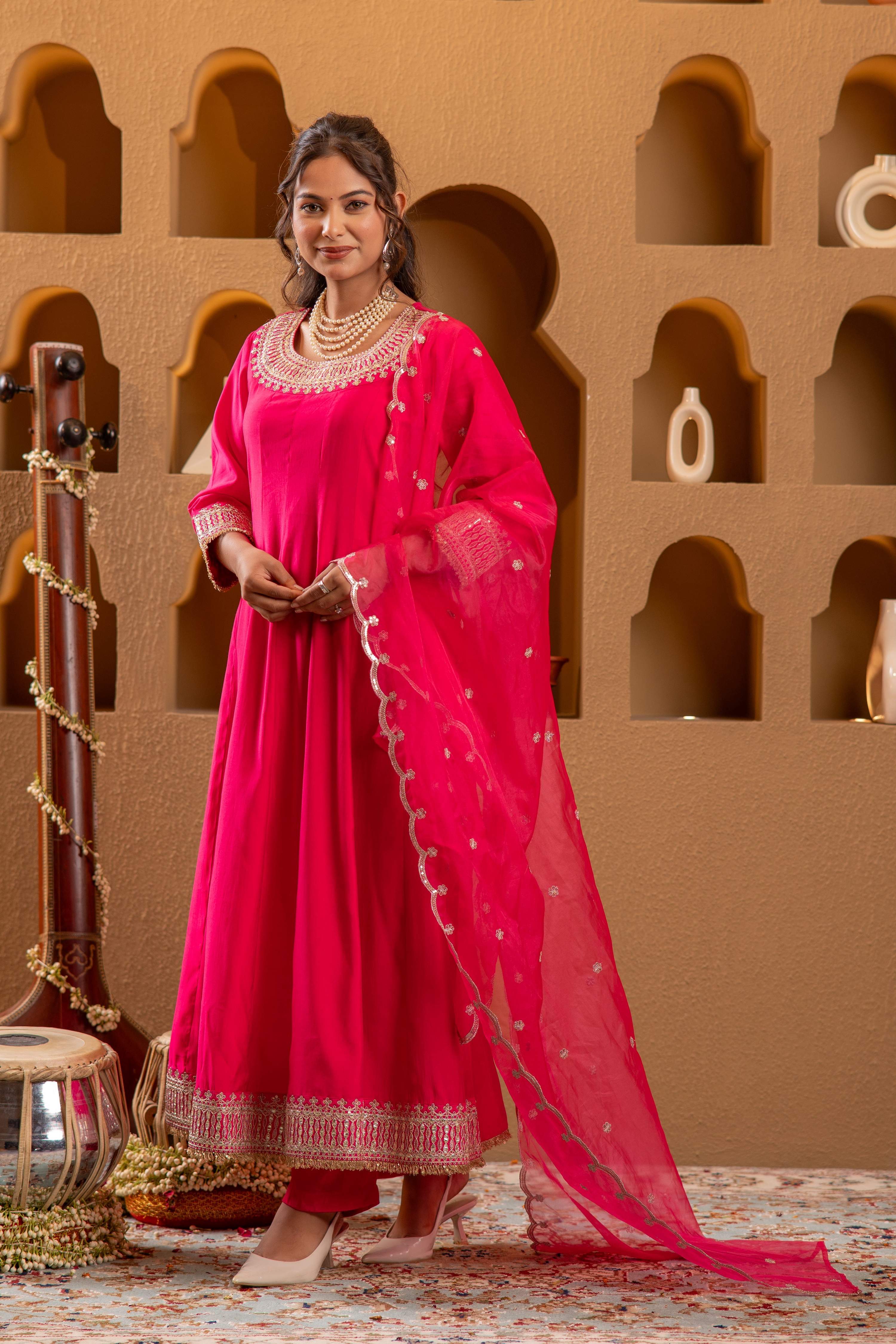 Juniper Fuchsia Viscose Flared Kurta With Pants & Dupatta Set With Zari & Sequence Work