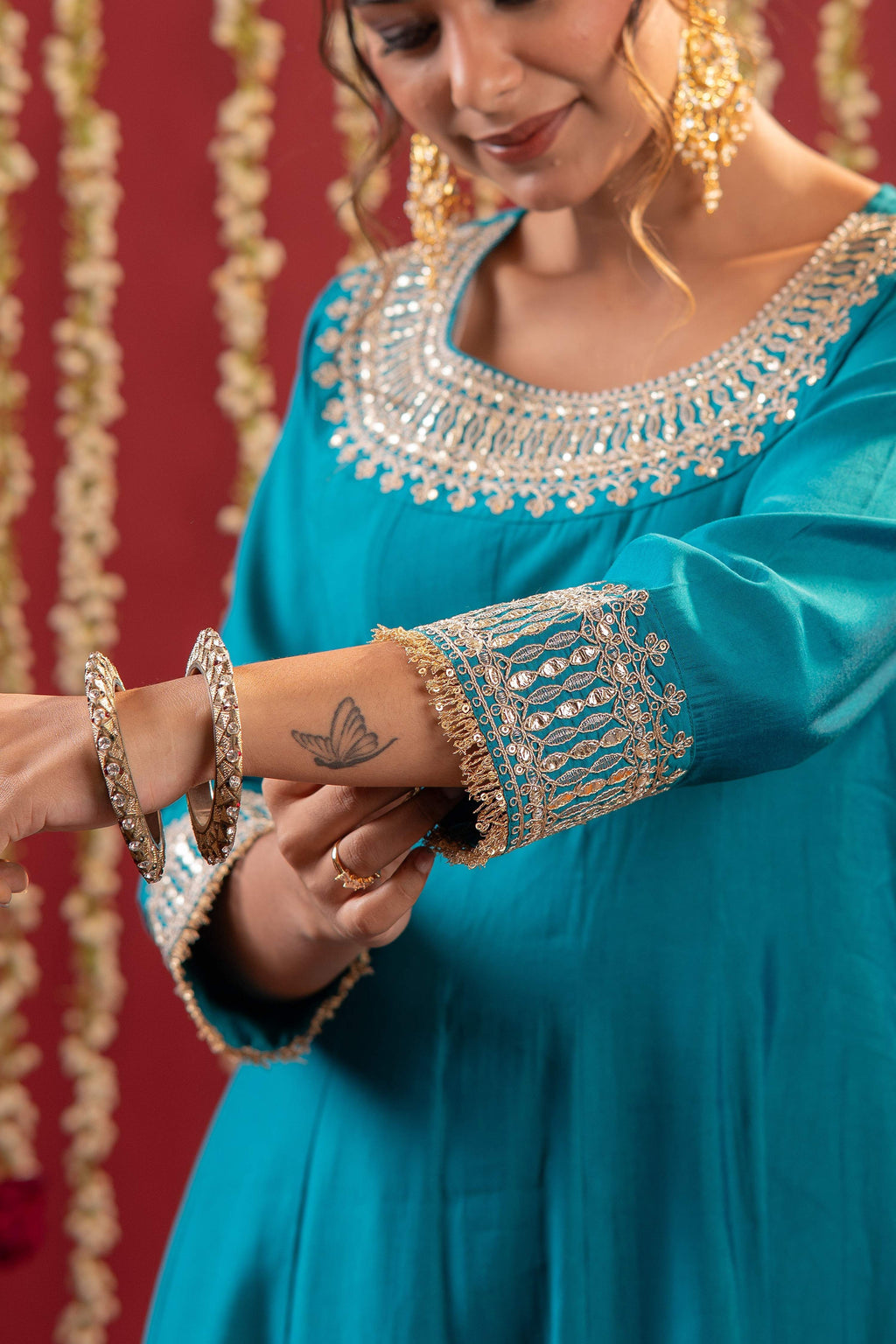 Juniper Aqua Blue Viscose Flared Kurta With Pants & Dupatta Set With Zari & Sequence Work