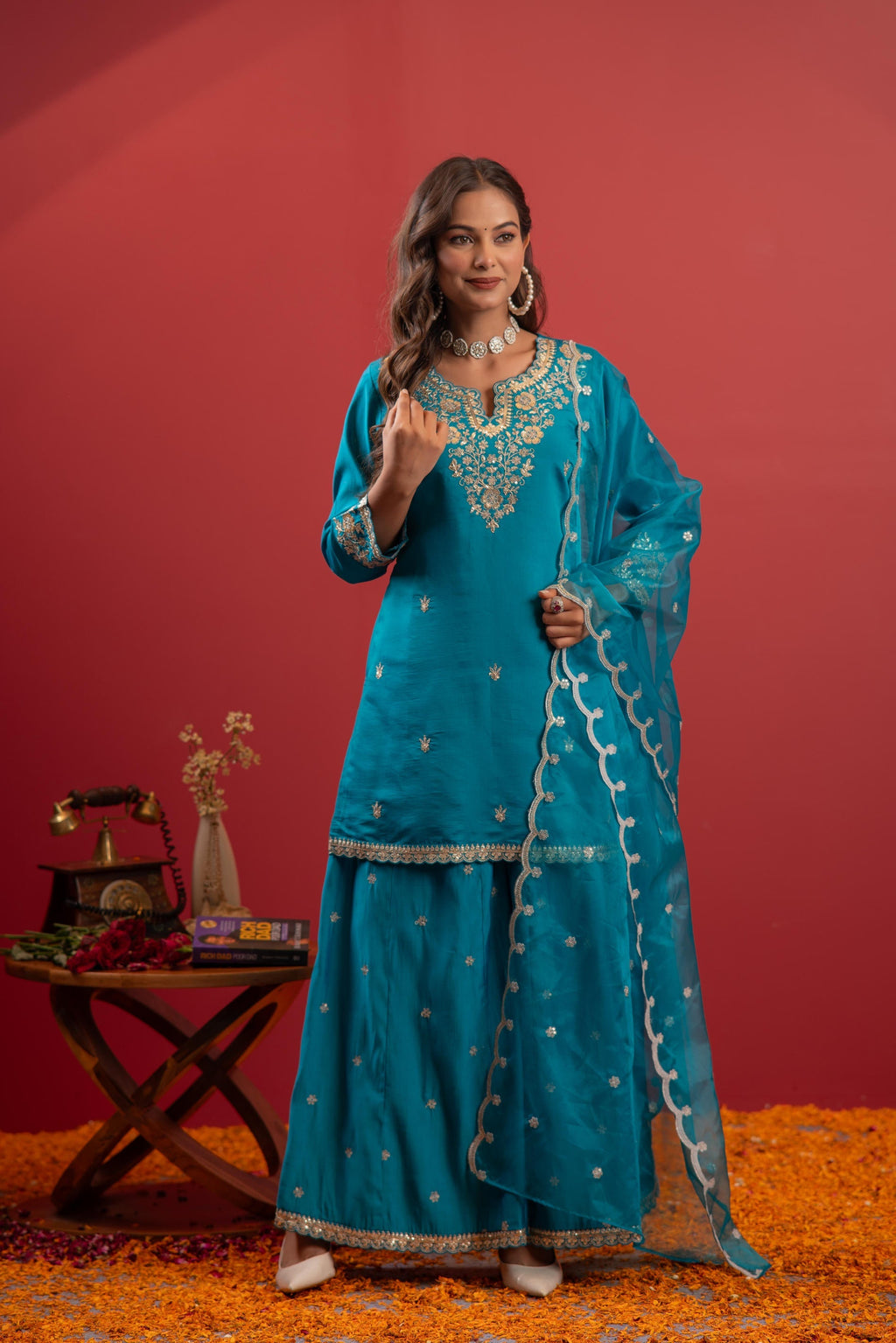 Juniper Rama Green Embroidered Kurta With Palazzo & Dupatta Set