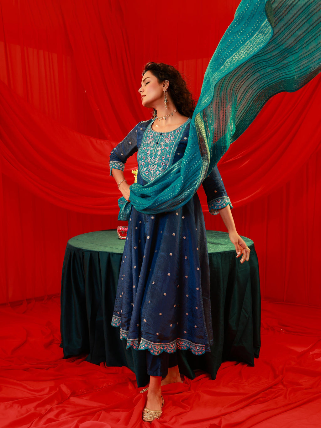 Juniper Navy Blue Nylon Flared Kurta Pant And Dupatta Set With Zari, Mirror, Thread & Sequin Work