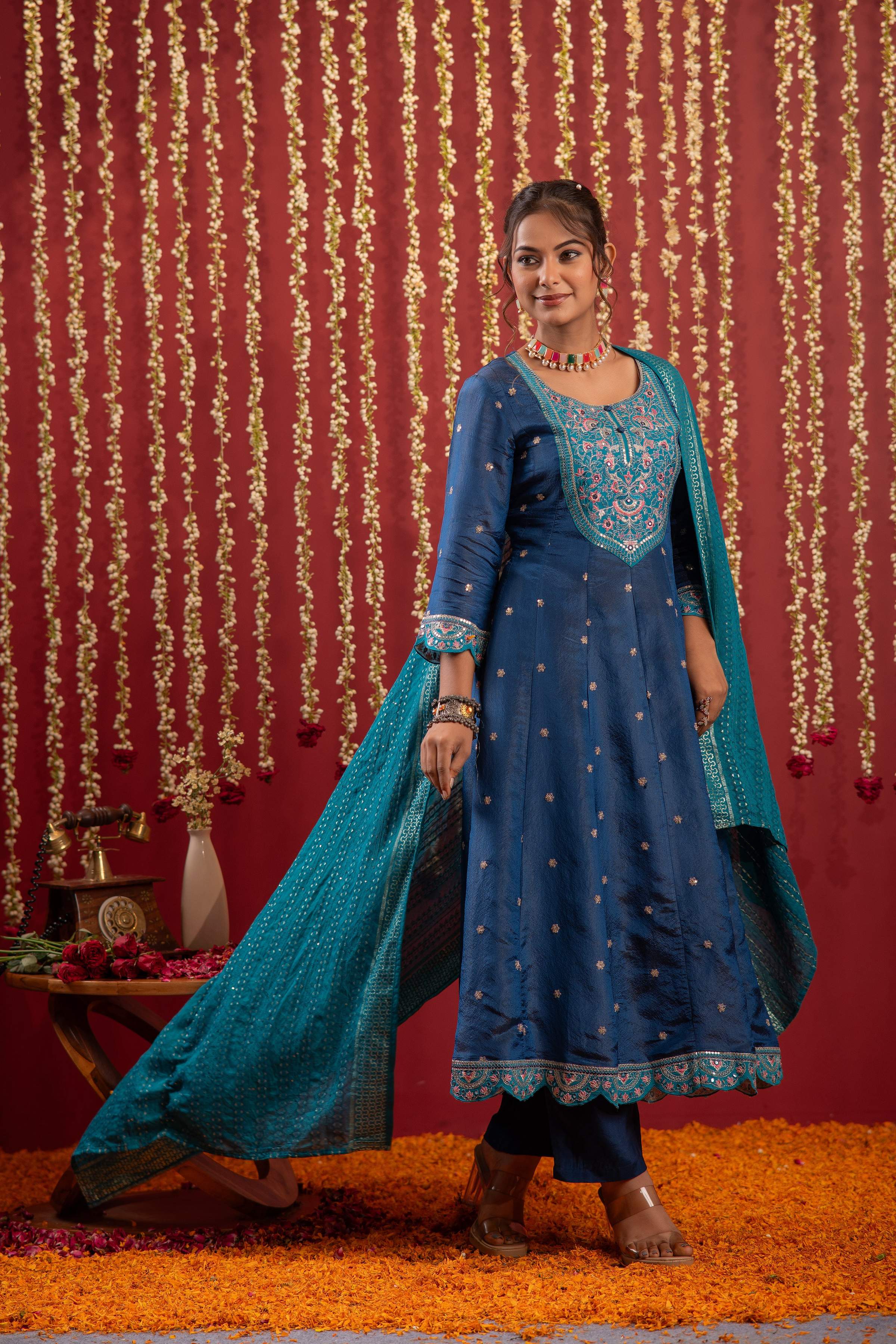 Juniper Navy Blue Nylon Flared Kurta Pant And Dupatta Set With Zari, Mirror, Thread & Sequin Work