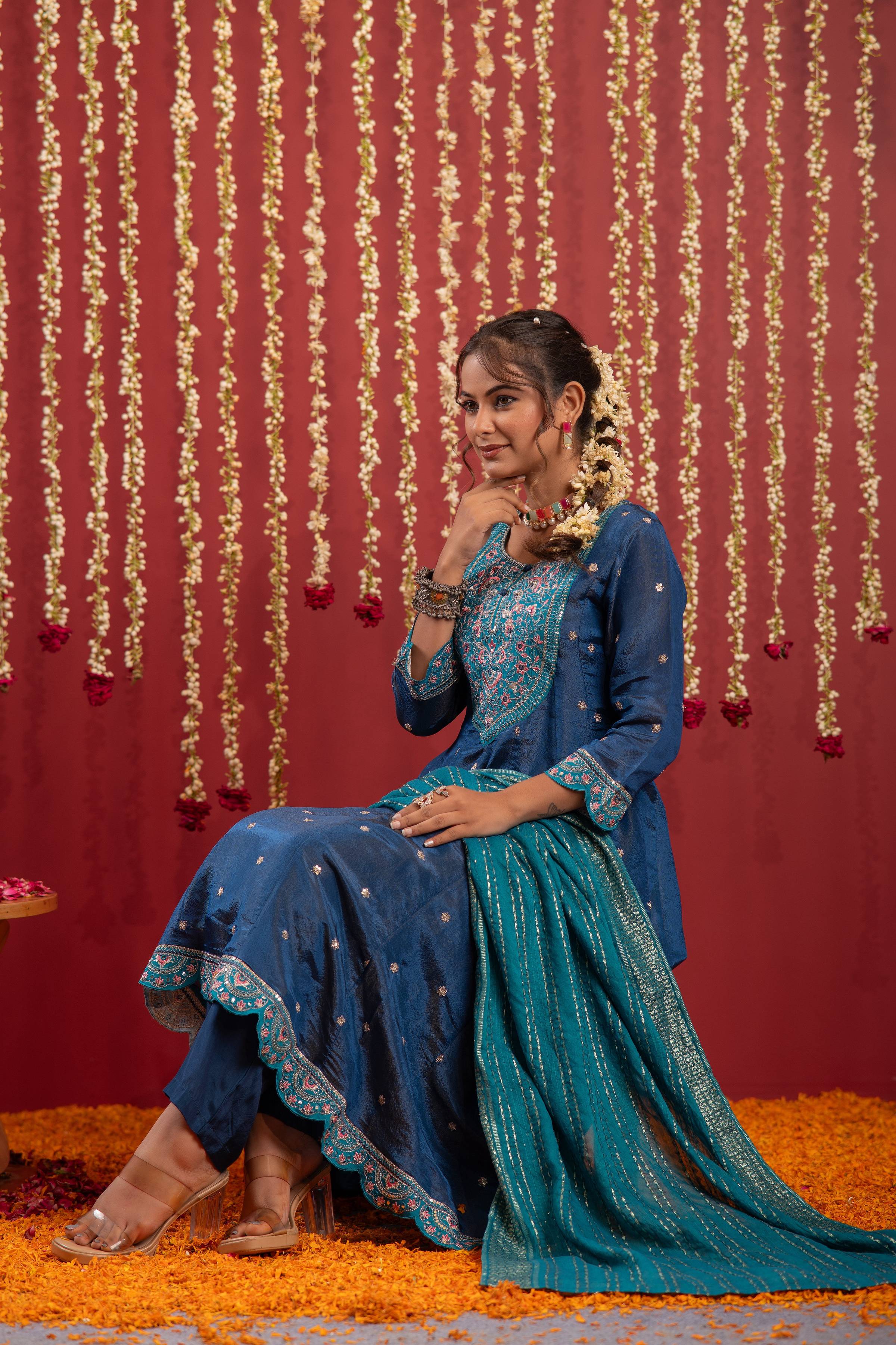 Juniper Navy Blue Nylon Flared Kurta Pant And Dupatta Set With Zari, Mirror, Thread & Sequin Work