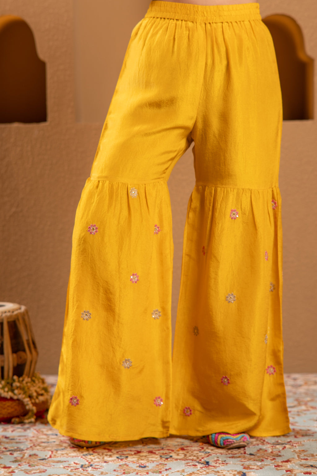 Juniper Mustard Nylon Kurta Sharara And Dupatta Set With Zari, Mirror, Thread & Sequin Embroidery