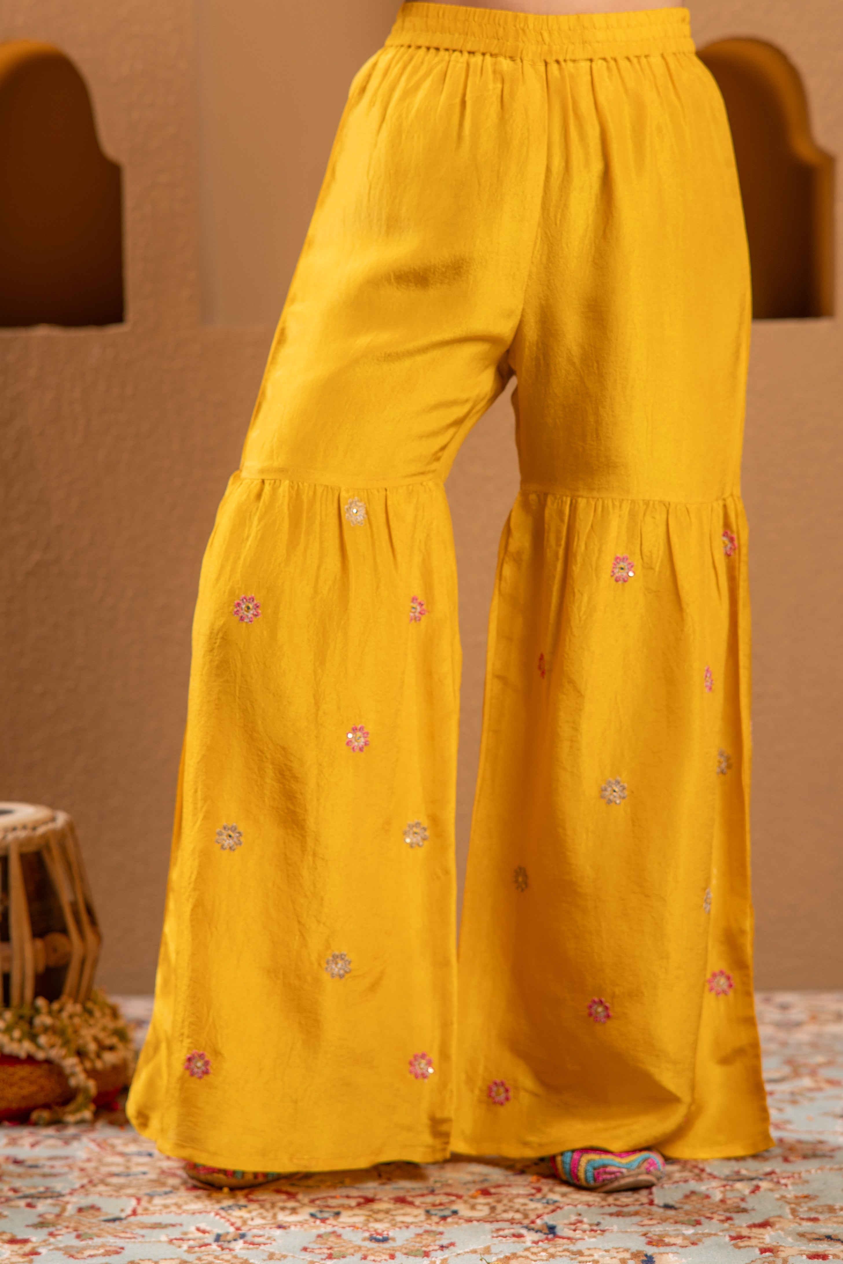 Juniper Mustard Nylon Kurta Sharara And Dupatta Set With Zari, Mirror, Thread & Sequin Embroidery
