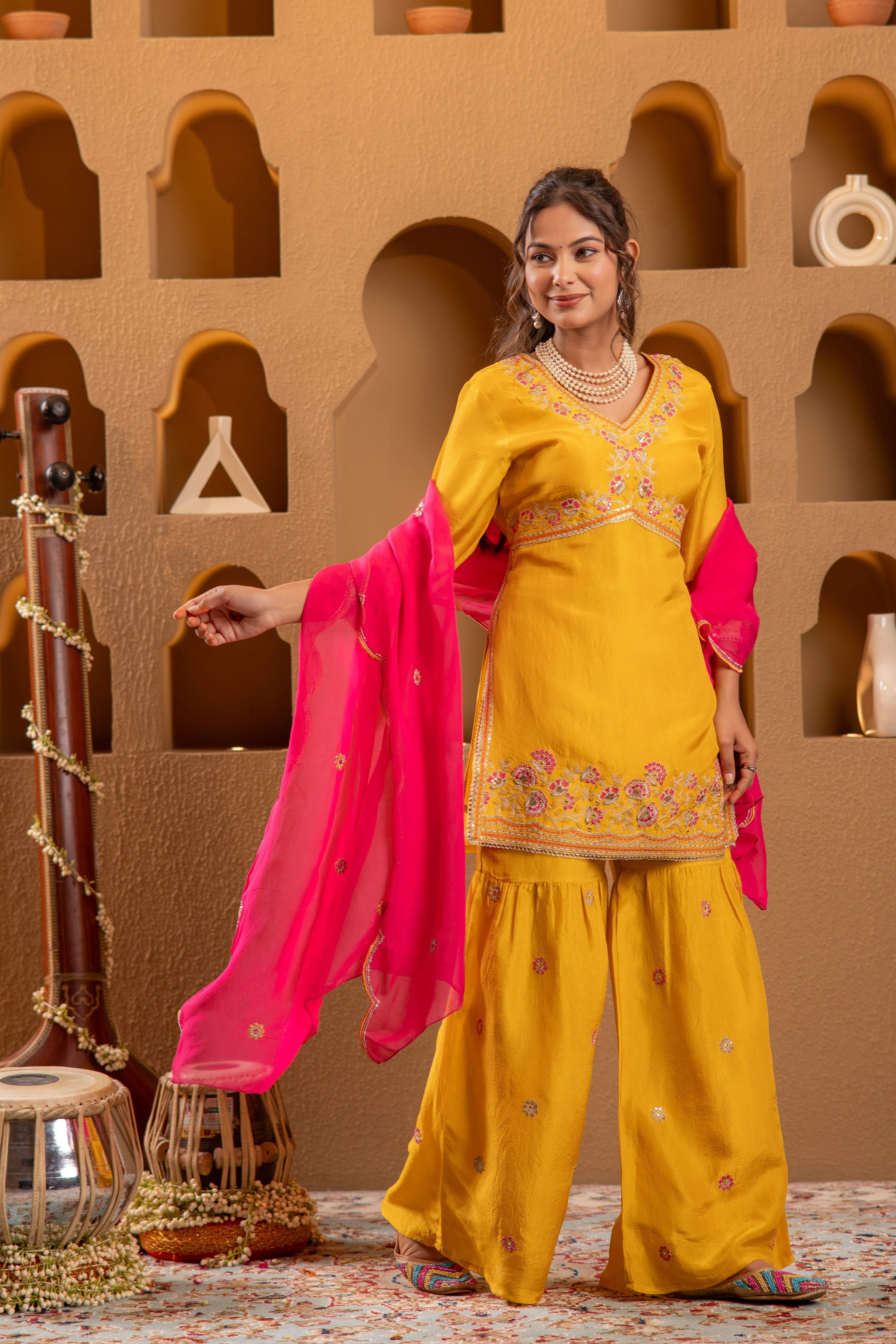 Juniper Mustard Nylon Kurta Sharara And Dupatta Set With Zari, Mirror, Thread & Sequin Embroidery