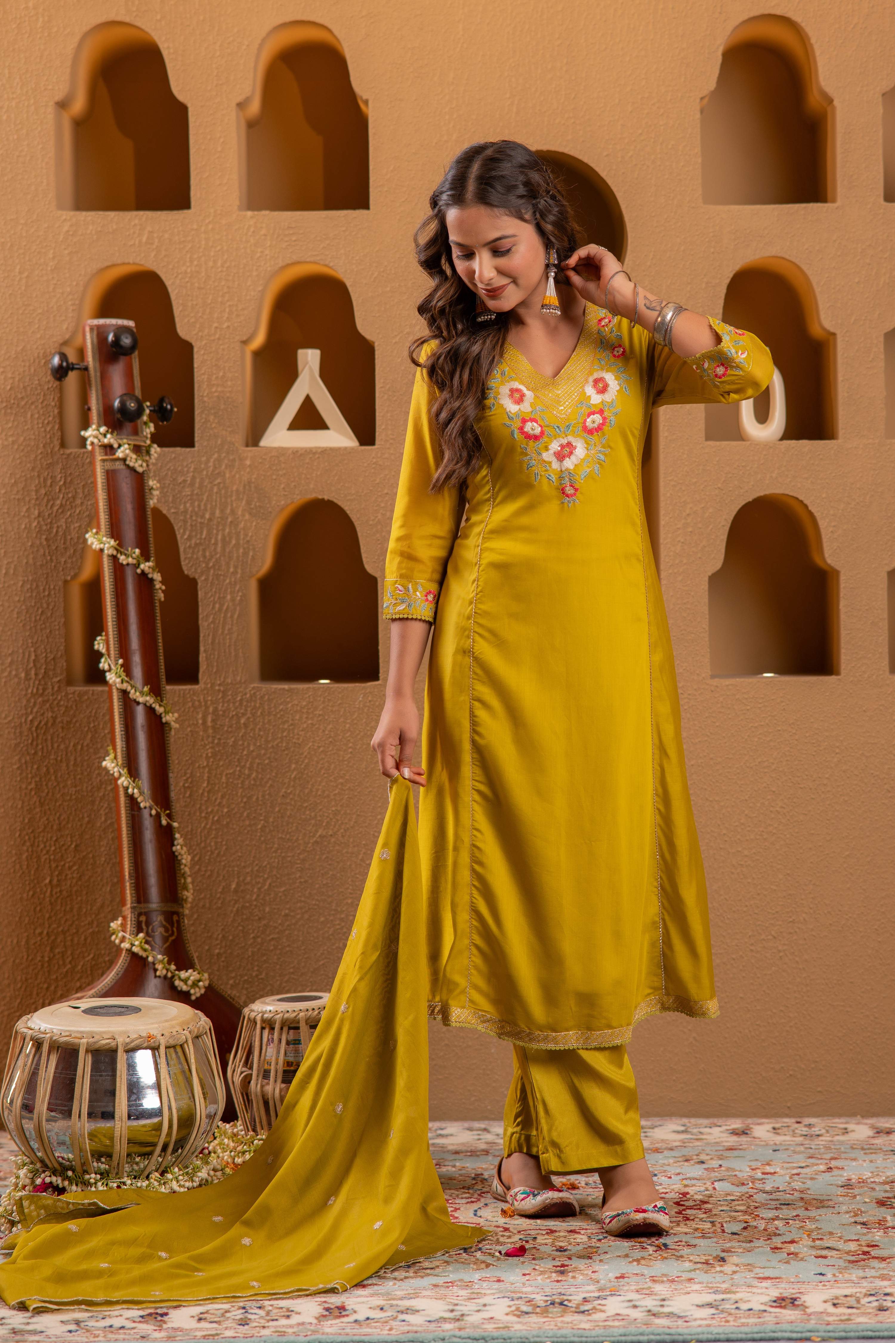 Juniper Mustard Viscose Flared Kurta With Pants & Dupatta Set With Thread & Zari Work