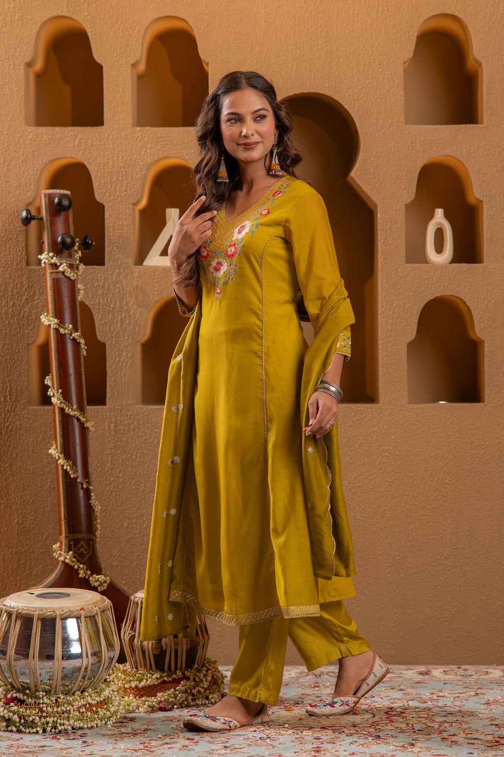 Juniper Mustard Viscose Flared Kurta With Pants & Dupatta Set With Thread & Zari Work