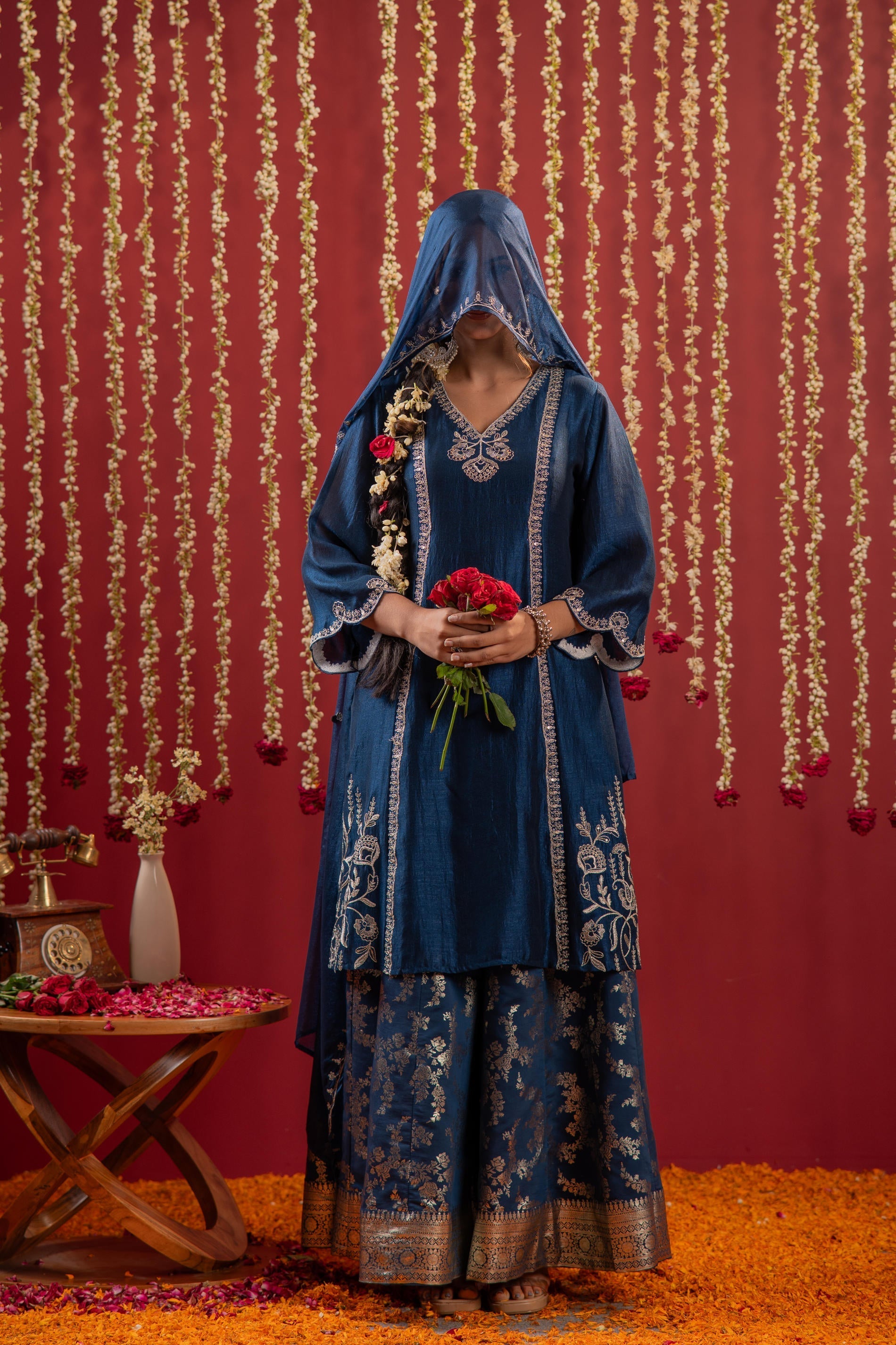 Juniper Regal Navy Blue Embroidered Set With Dupatta