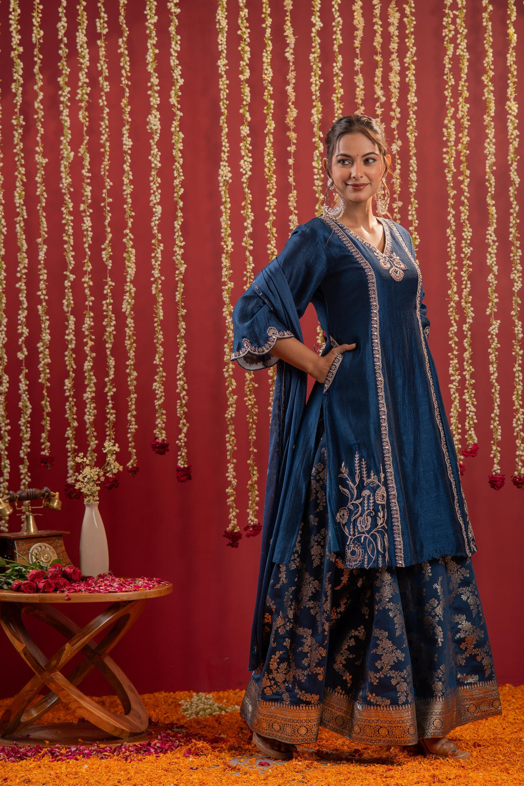 Juniper Regal Navy Blue Embroidered Set With Dupatta