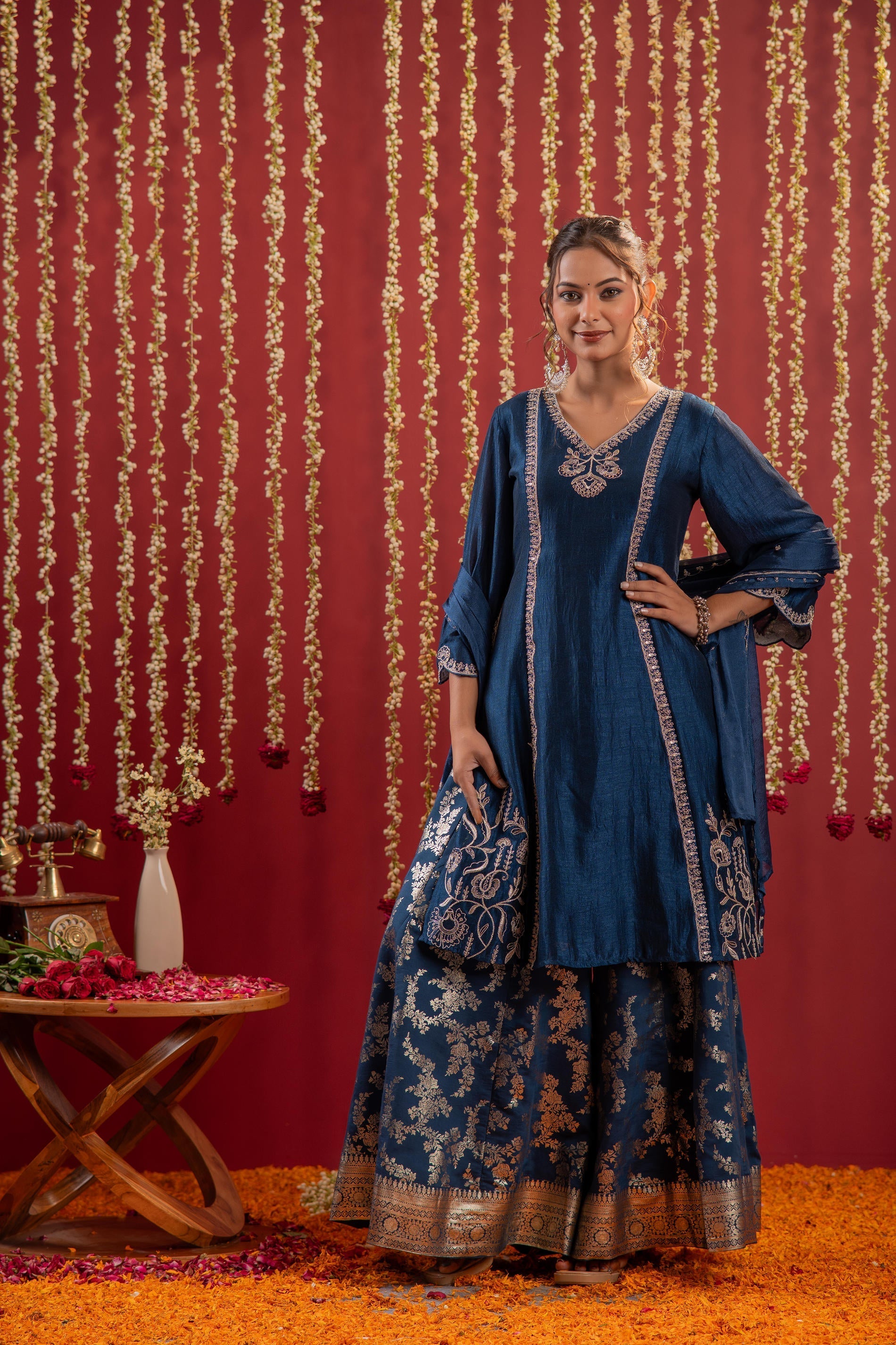 Juniper Regal Navy Blue Embroidered Set With Dupatta