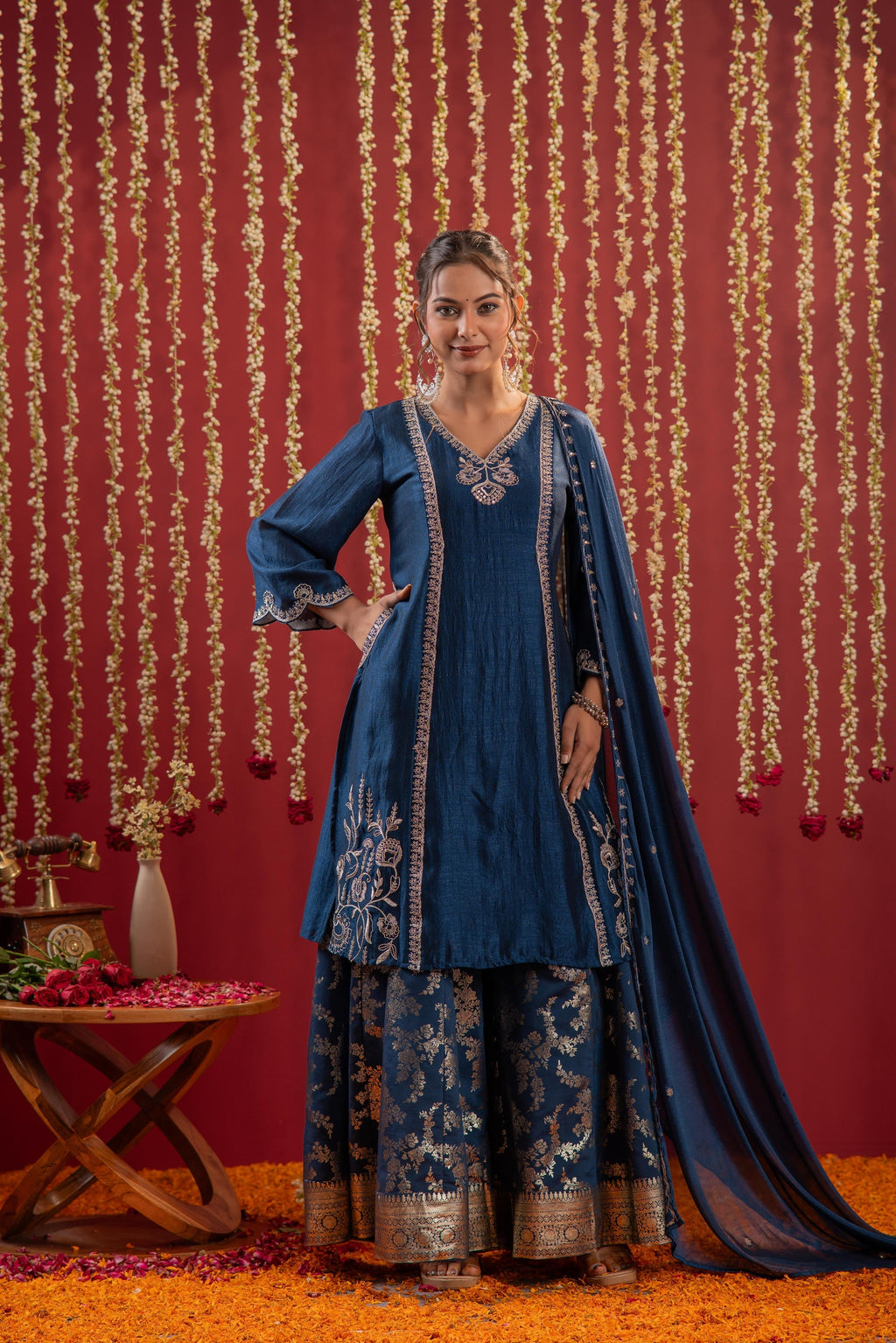 Juniper Regal Navy Blue Embroidered Set With Dupatta