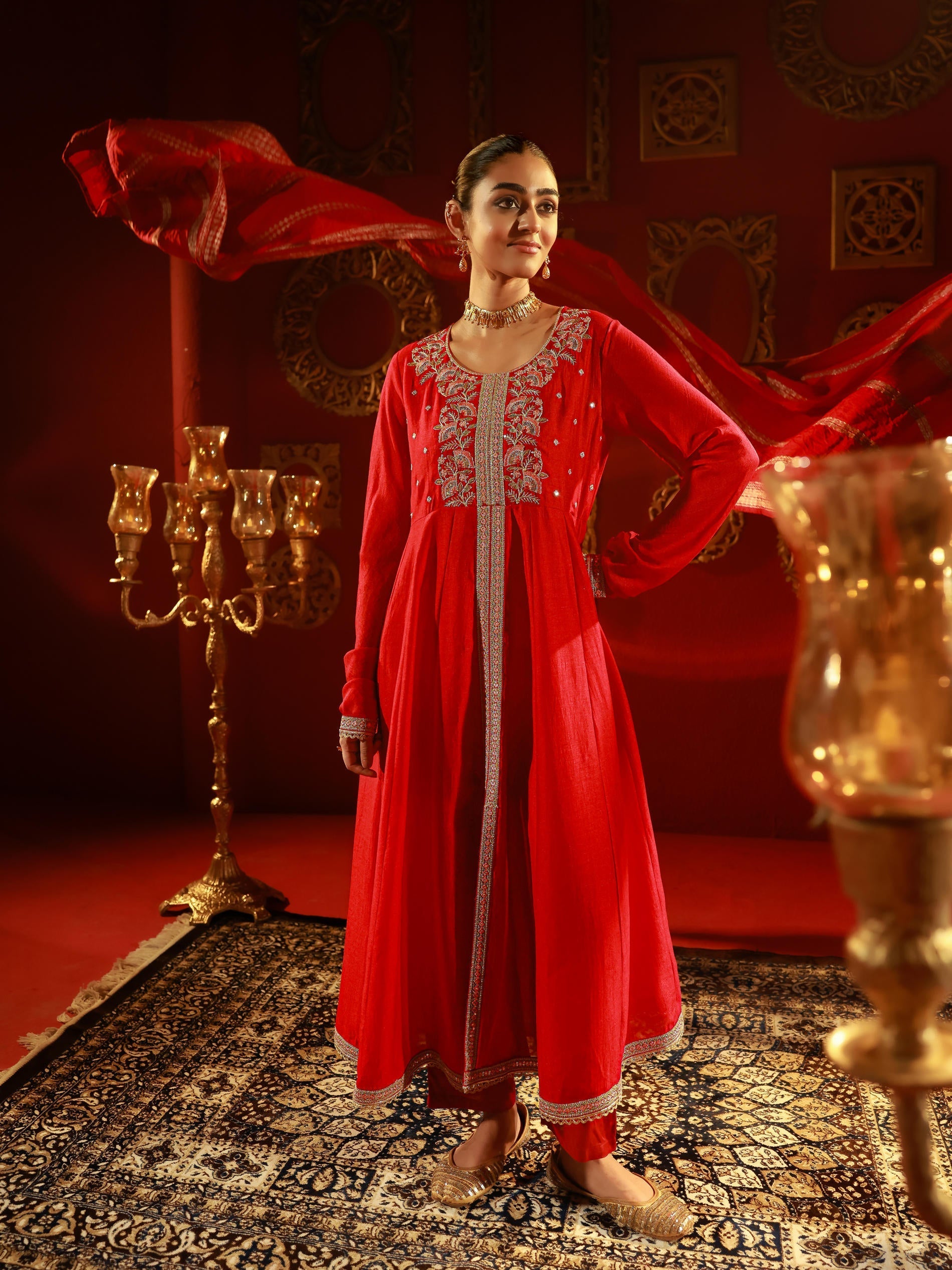 Juniper Red Man Made Fiber Flared Anarkali Kurta Pant And Dupatta Set With Zari, Mirror, Thread & Sequin Work