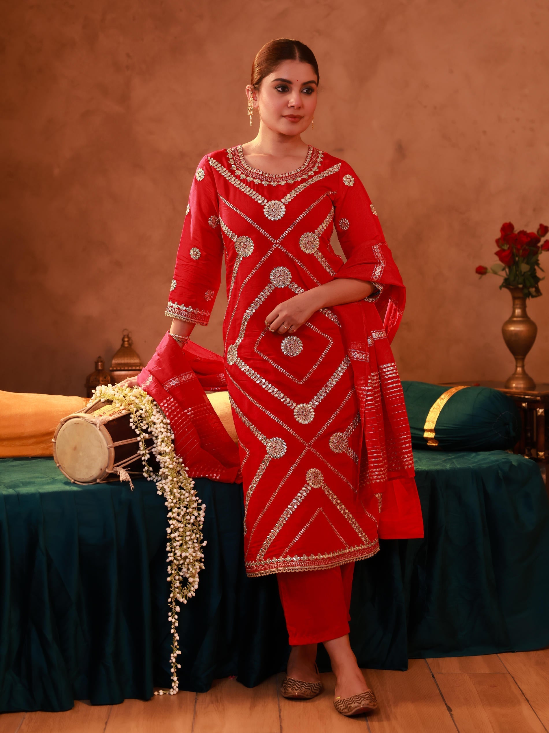Juniper Magenta Viscose Straight Kurta Pant And Dupatta Set With Gota Patti & Sequence Work