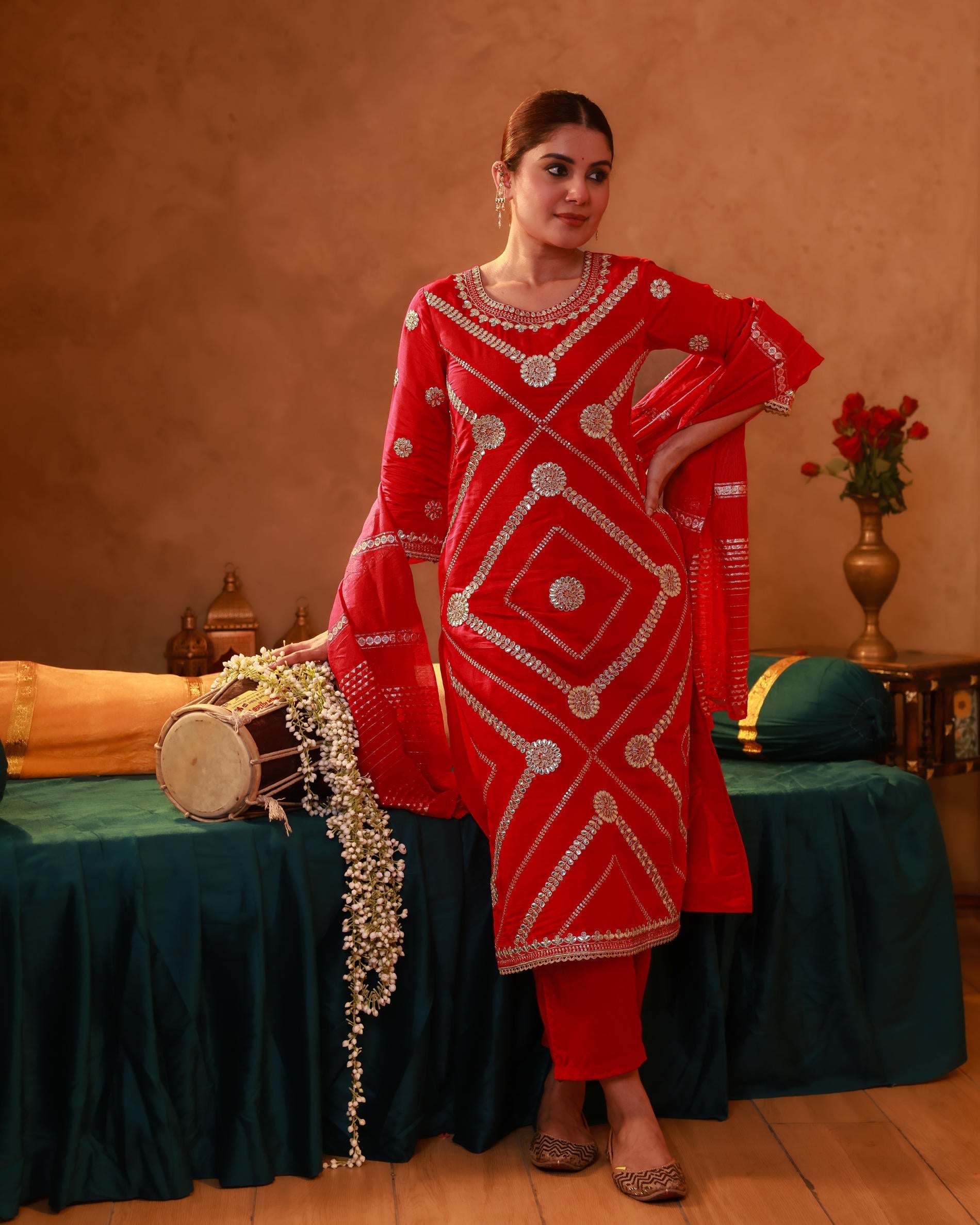 Juniper Magenta Viscose Straight Kurta Pant And Dupatta Set With Gota Patti & Sequence Work