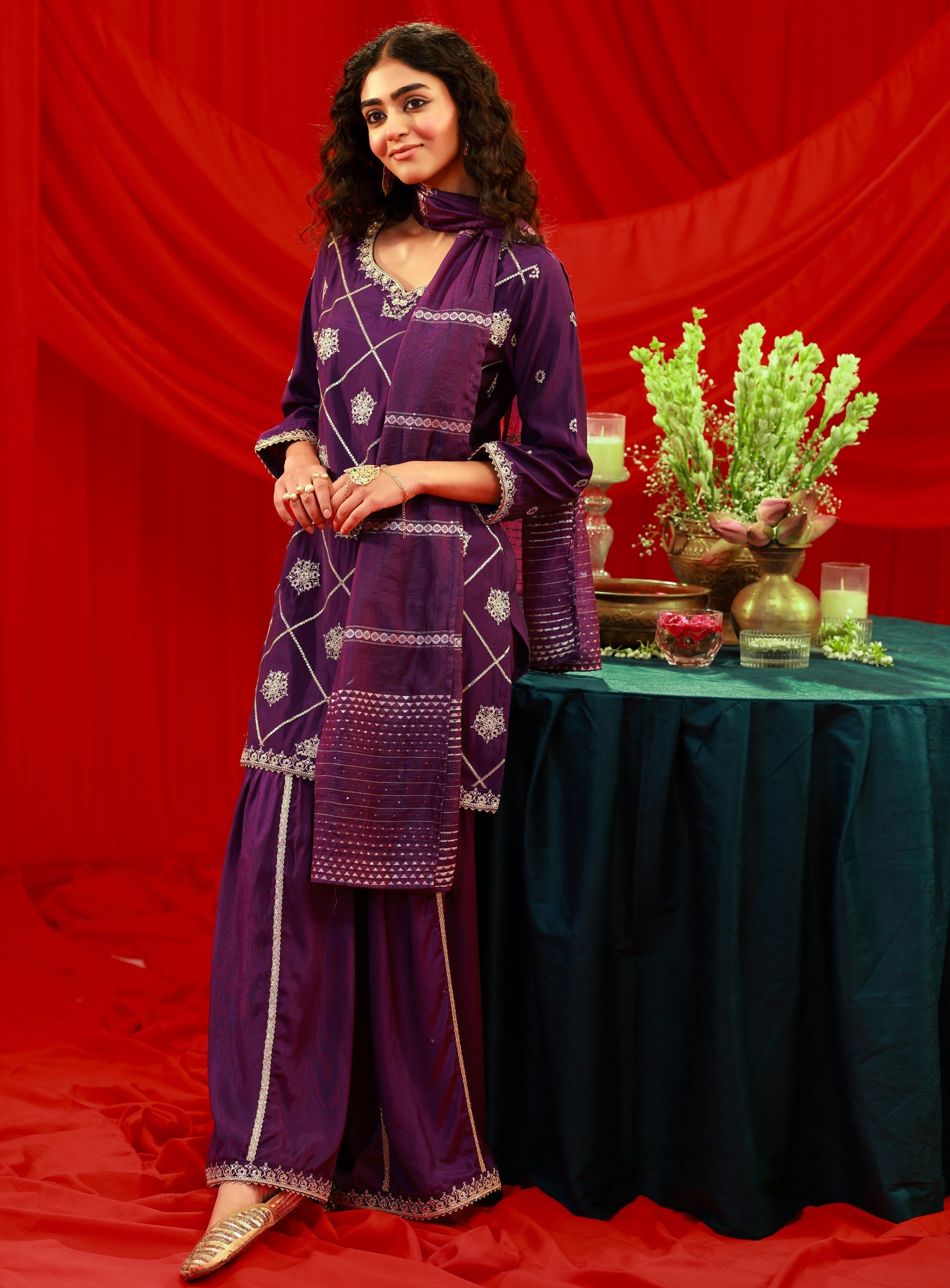 Juniper Violet Viscose A-Line Kurta Pant And Dupatta Set With Zari, Mirror, Beads & Sequence Work