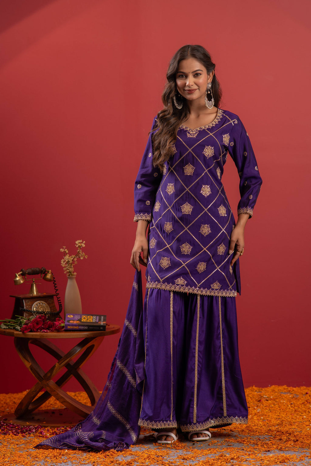 Juniper Violet Viscose A-Line Kurta Pant And Dupatta Set With Zari, Mirror, Beads & Sequence Work